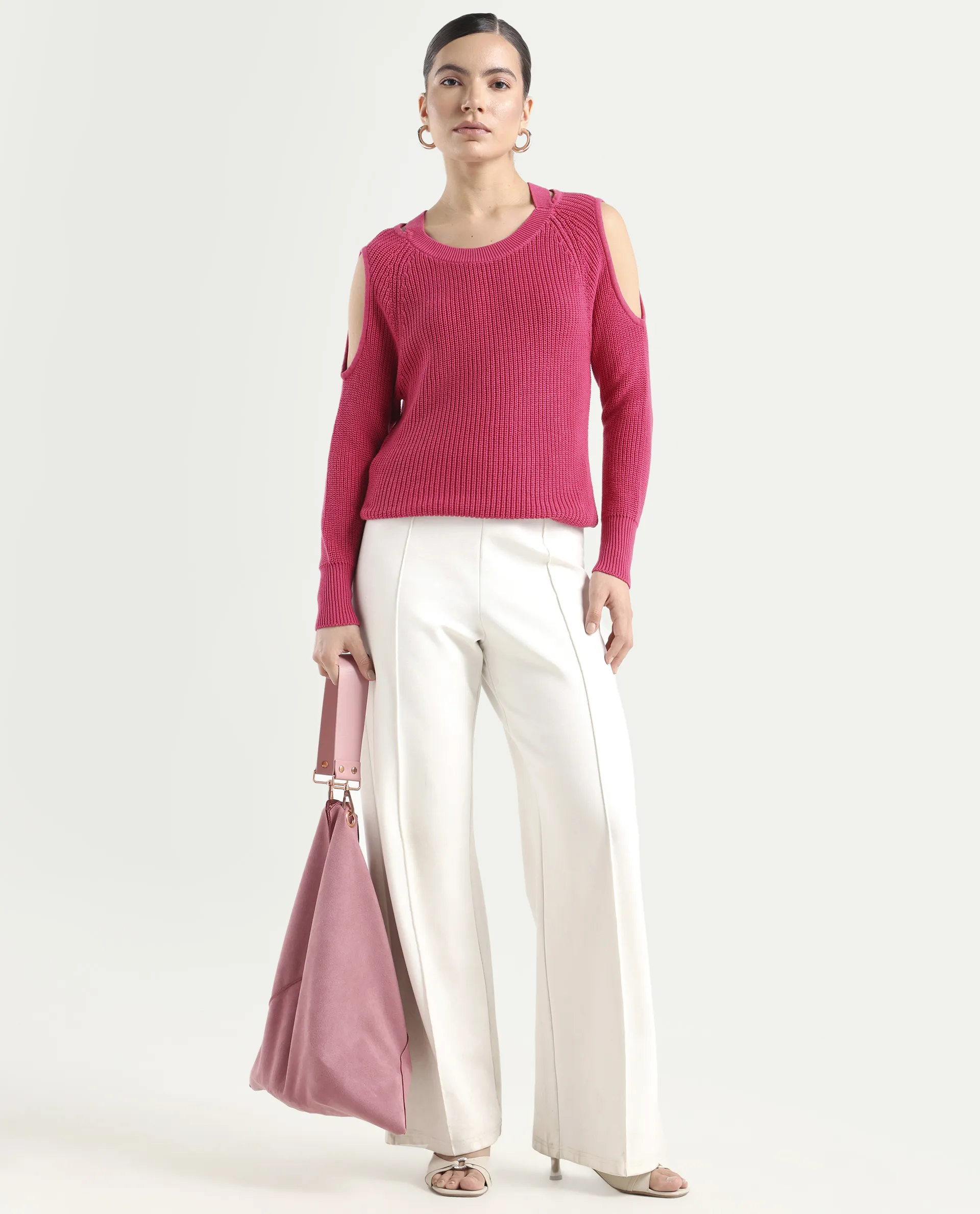 Rareism Women's Cold Pink Cotton Boat Neck Plain Slim Fit Sweater - Image 2