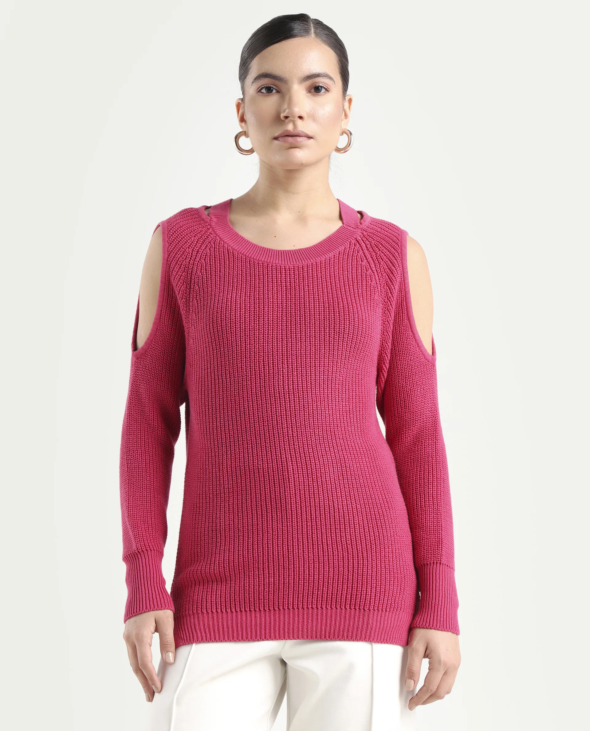 Rareism Women's Cold Pink Cotton Boat Neck Plain Slim Fit Sweater - Image 3