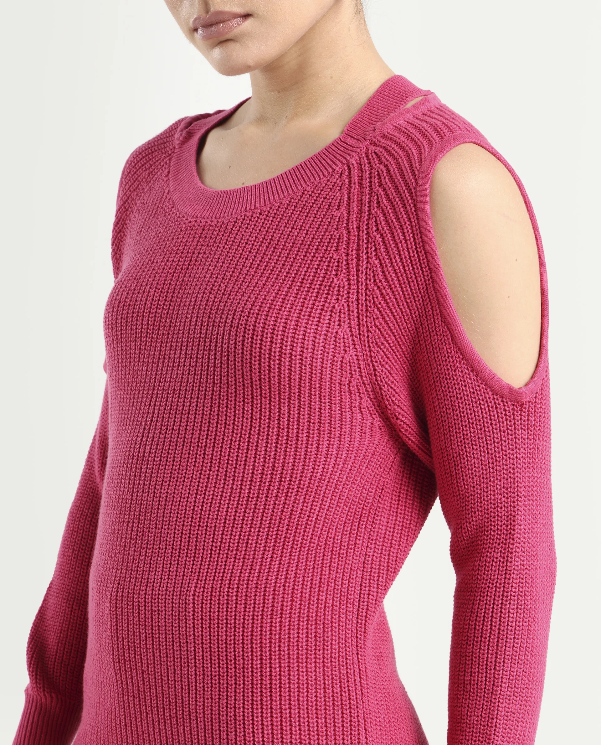 Rareism Women's Cold Pink Cotton Boat Neck Plain Slim Fit Sweater - Image 4