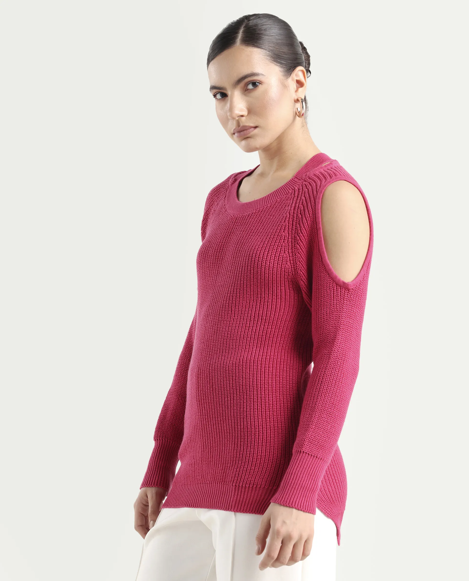 Rareism Women's Cold Pink Cotton Boat Neck Plain Slim Fit Sweater - Image 5