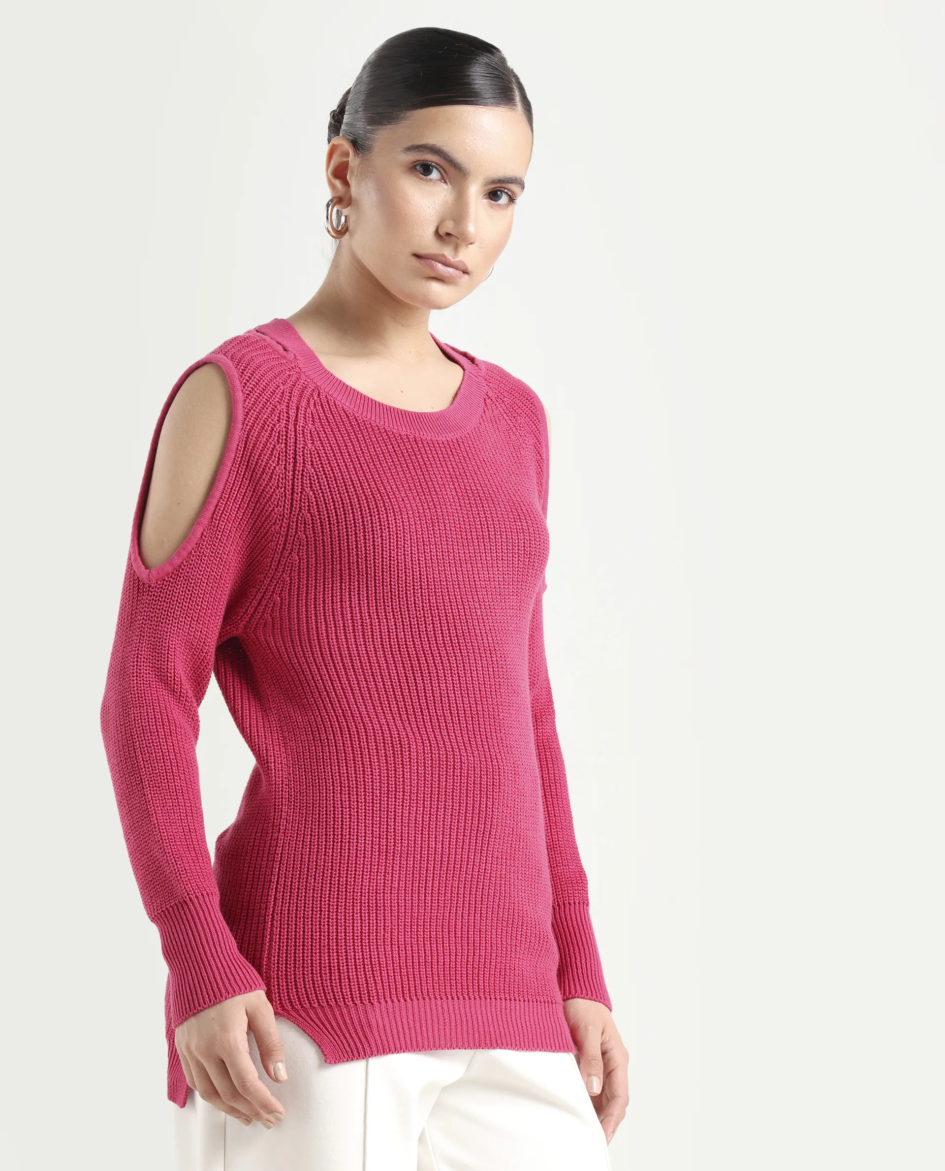 Rareism Women's Cold Pink Cotton Boat Neck Plain Slim Fit Sweater - Image 6