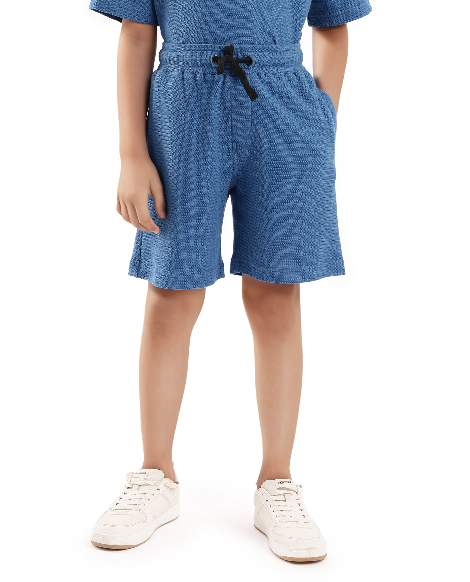 Rare Ones Kids Cole Teal Cotton Solid Drawstring Closure Textured Shorts - Image 3