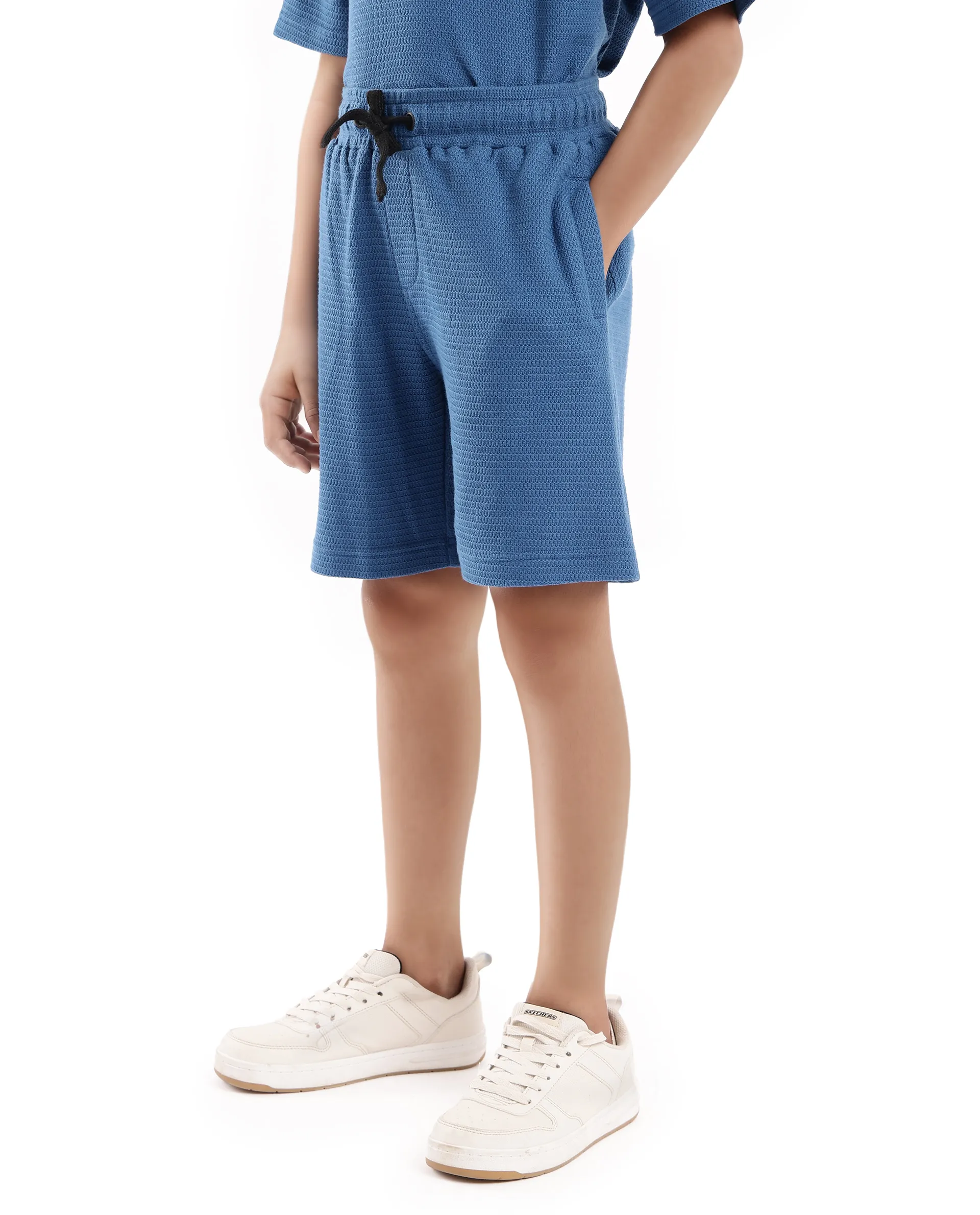 Rare Ones Kids Cole Teal Cotton Solid Drawstring Closure Textured Shorts - Image 6