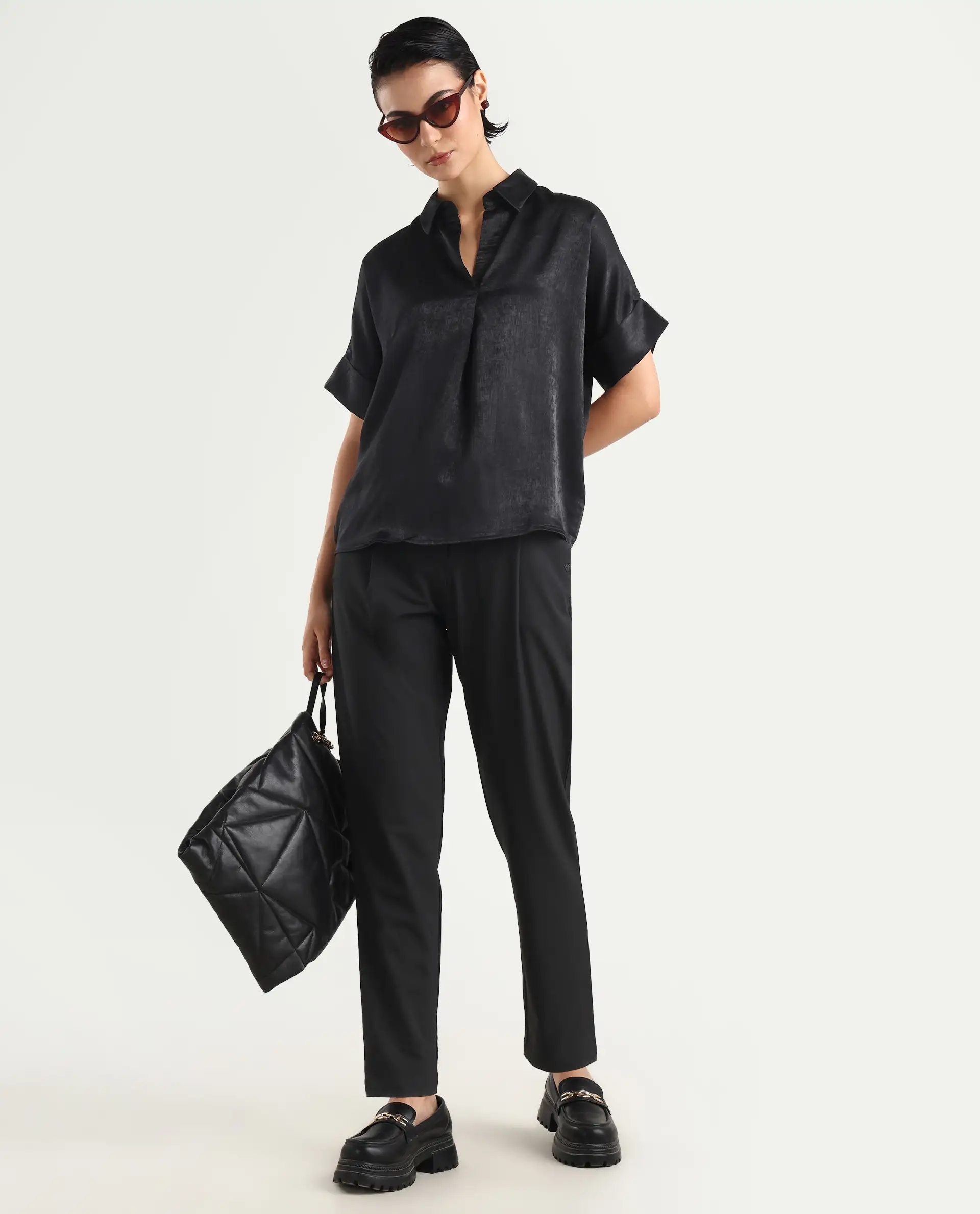Rareism Women's Cole Black Polyester Drop Collar Plain Extended Sleeves Boxy Fit Top - Image 2