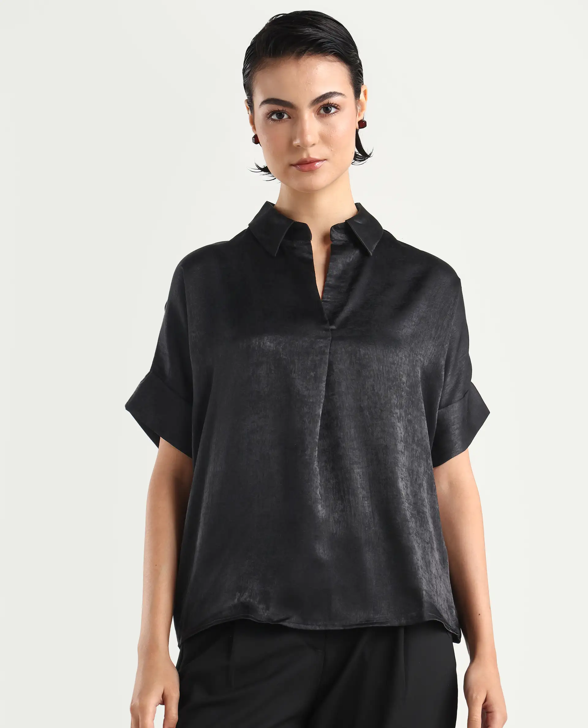 Rareism Women's Cole Black Polyester Drop Collar Plain Extended Sleeves Boxy Fit Top - Image 3
