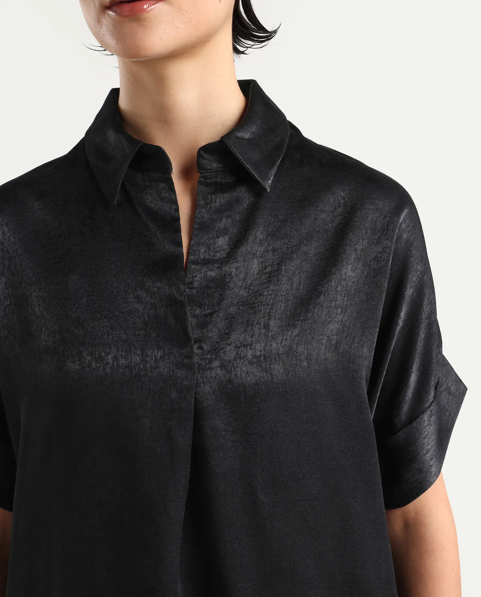 Rareism Women's Cole Black Polyester Drop Collar Plain Extended Sleeves Boxy Fit Top - Image 4