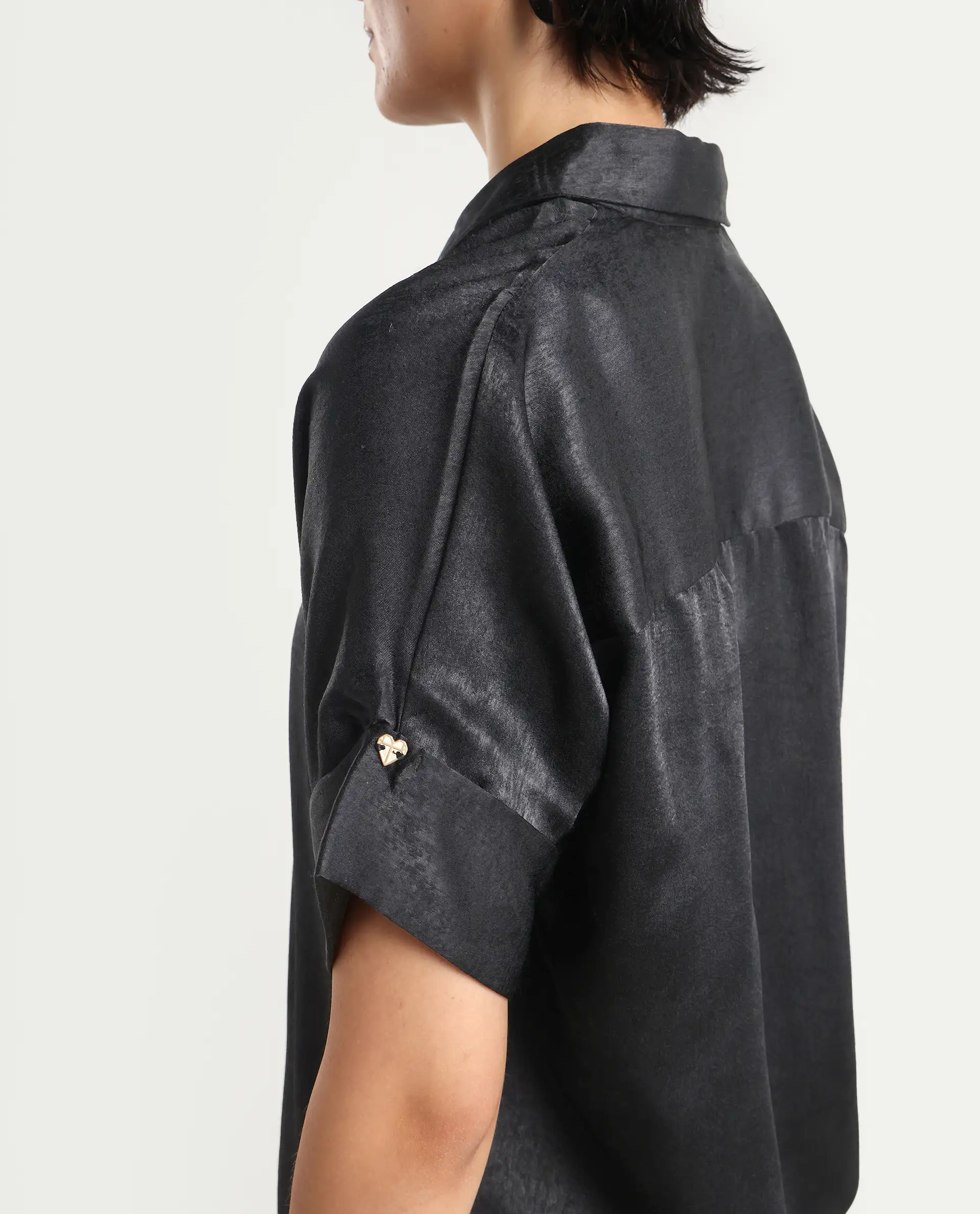 Rareism Women's Cole Black Polyester Drop Collar Plain Extended Sleeves Boxy Fit Top - Image 5