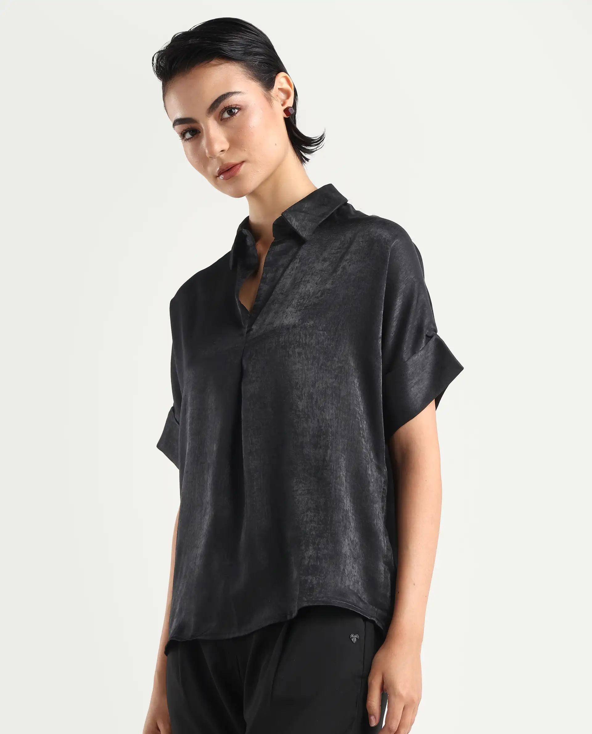 Rareism Women's Cole Black Polyester Drop Collar Plain Extended Sleeves Boxy Fit Top - Image 6