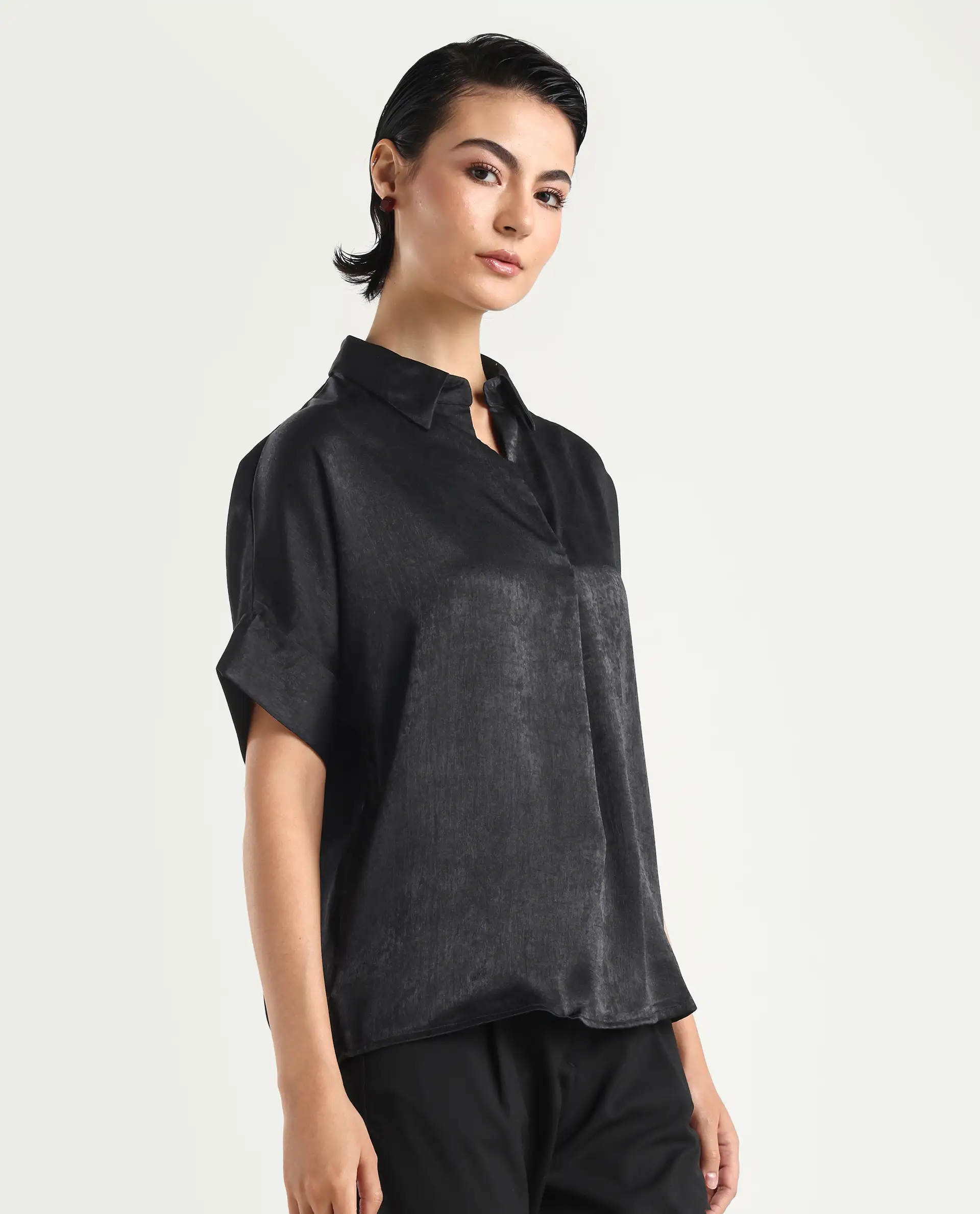 Rareism Women's Cole Black Polyester Drop Collar Plain Extended Sleeves Boxy Fit Top - Image 7