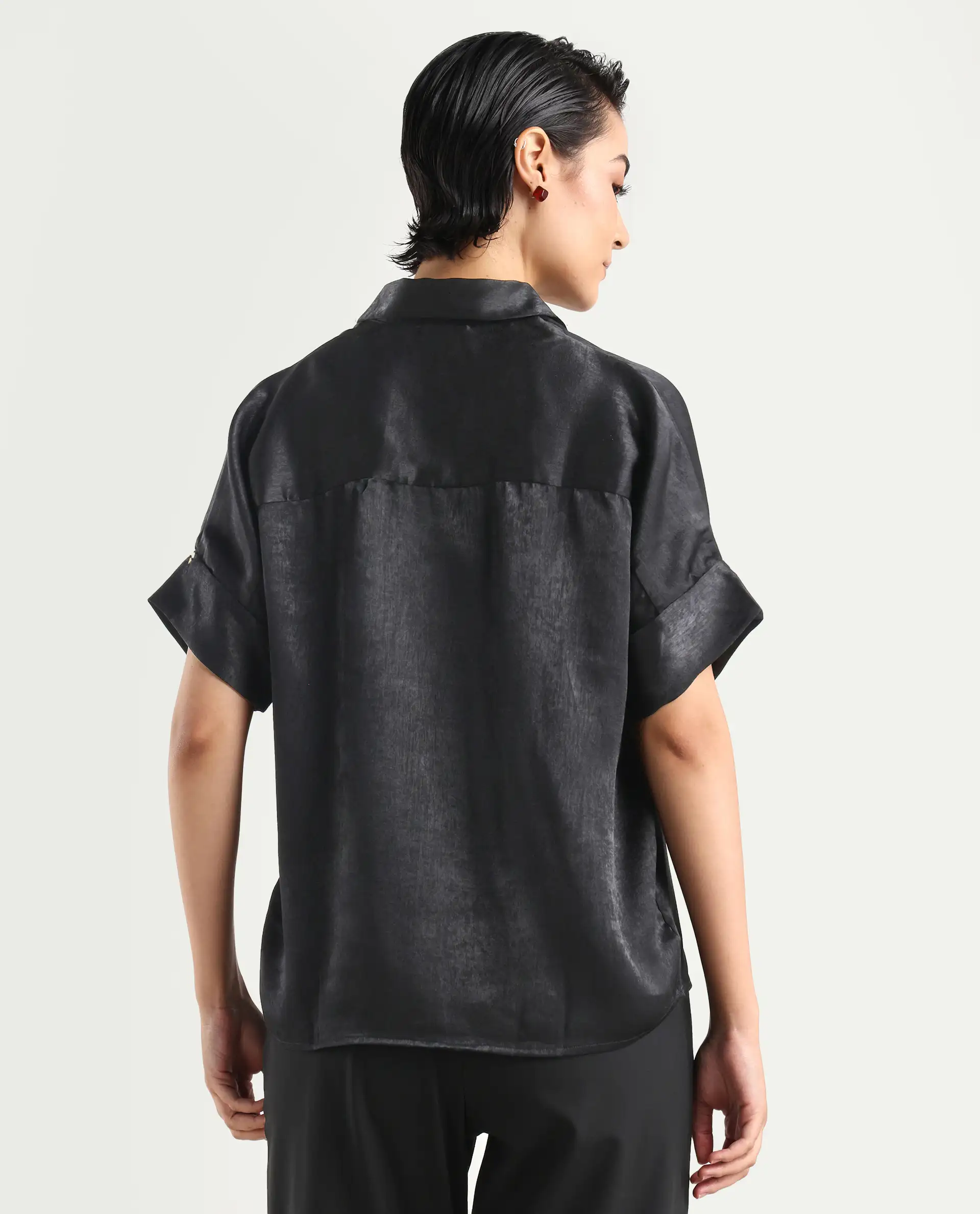 Rareism Women's Cole Black Polyester Drop Collar Plain Extended Sleeves Boxy Fit Top - Image 8