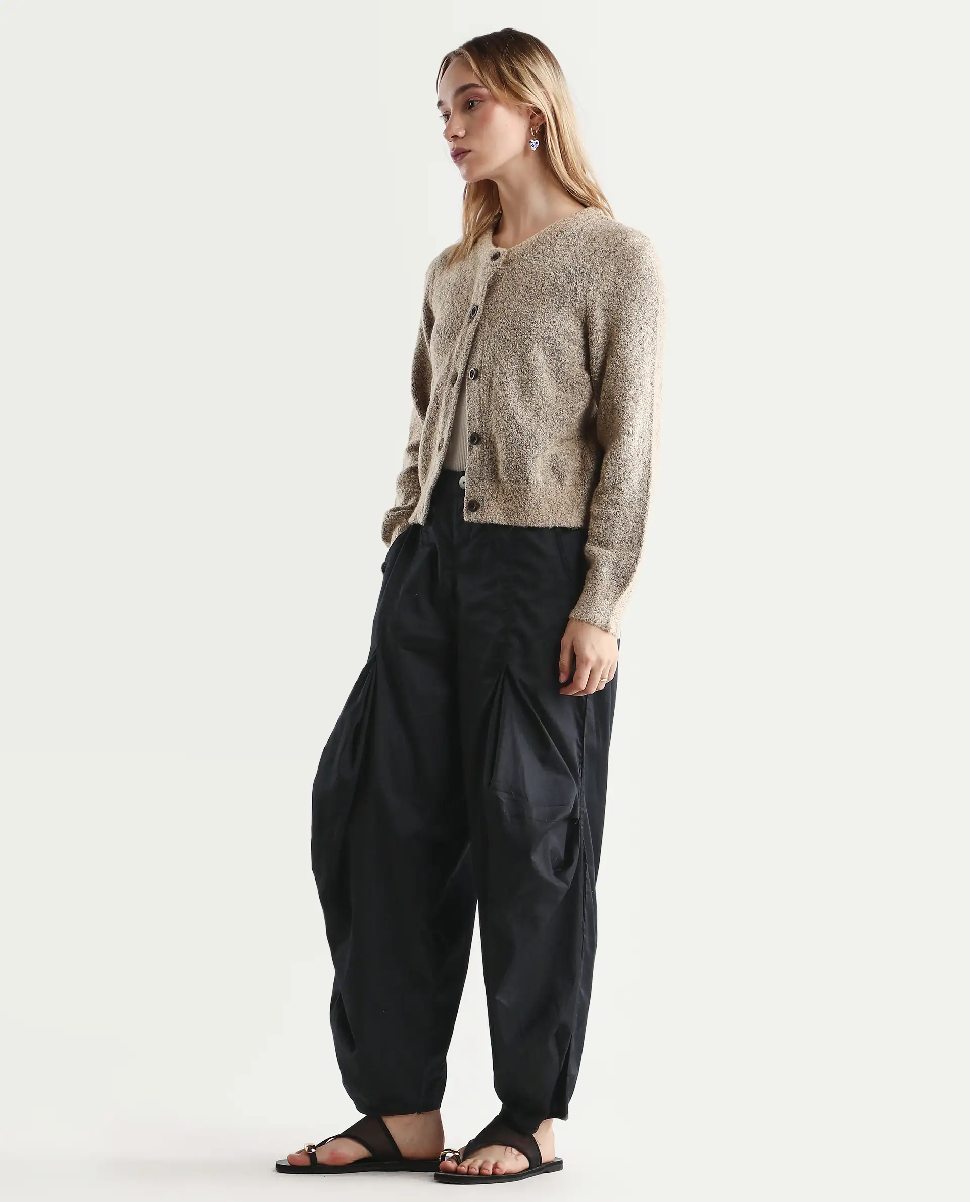 Rareism Women's Colema Black Cotton Plain Ankle Length Relaxed Fit Trouser - Image 6