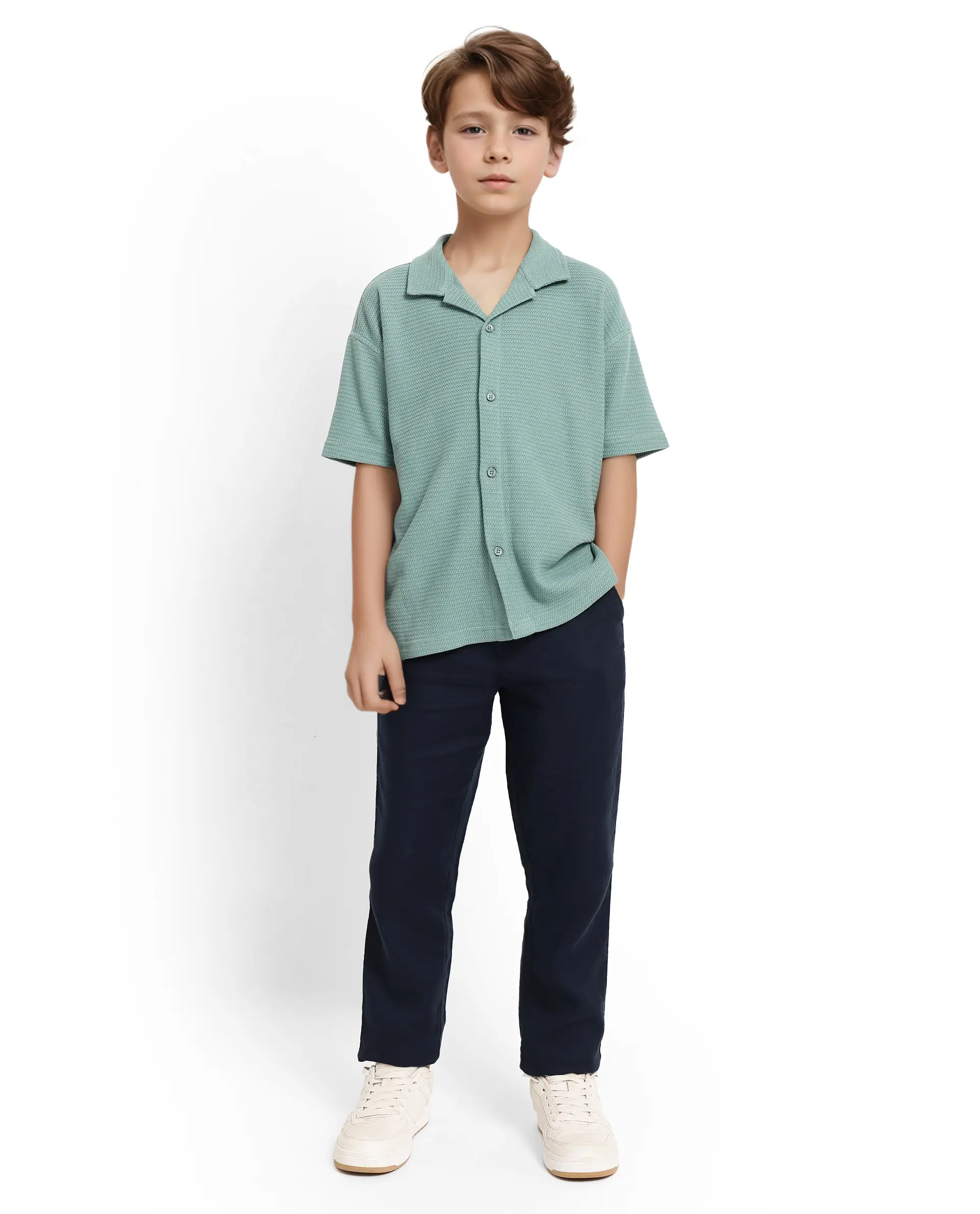 Rare Ones Kids Colen Green Jacquard Half Sleeves Cuban Collar Boxy Fit Shirt - Image 2