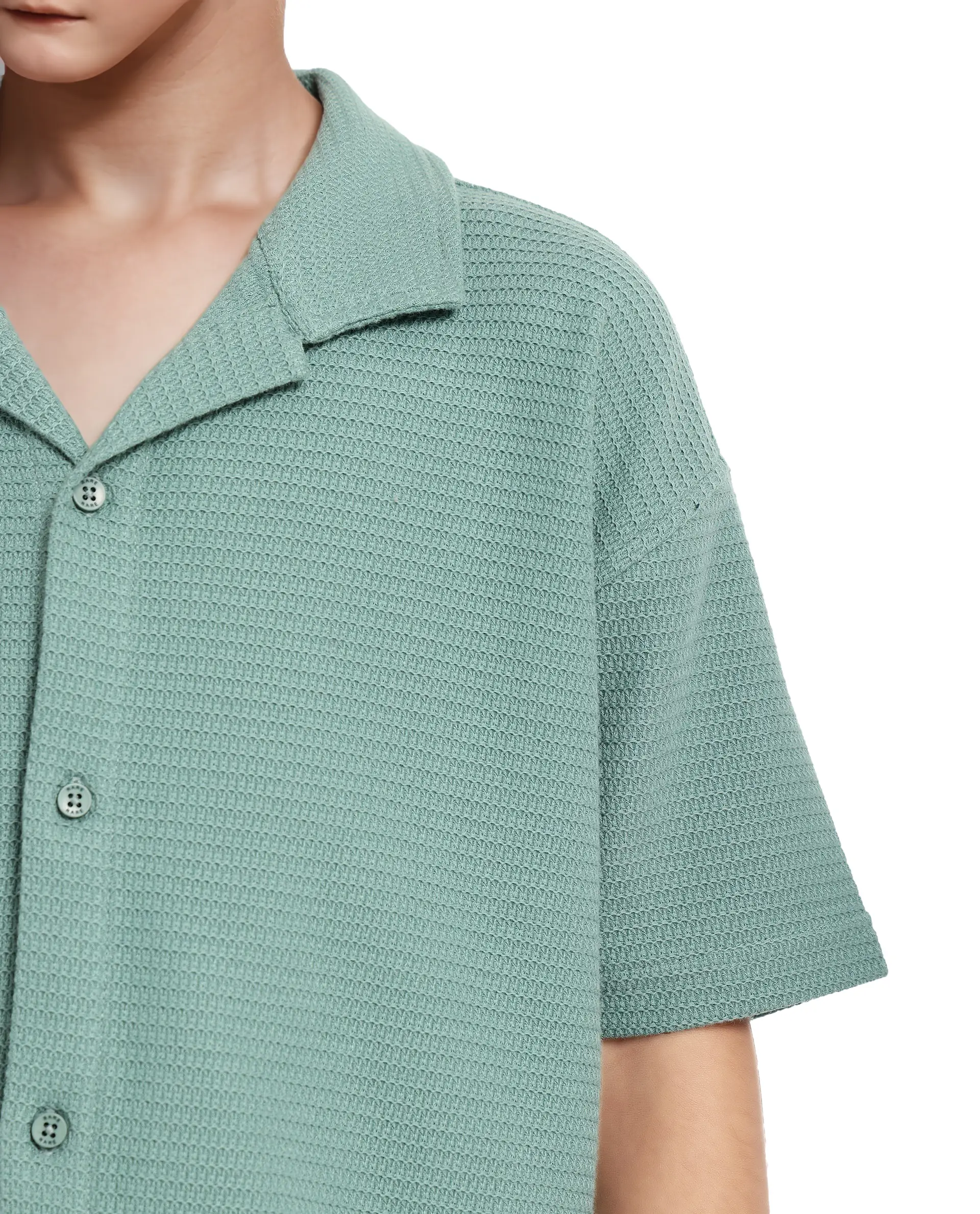 Rare Ones Kids Colen Green Jacquard Half Sleeves Cuban Collar Boxy Fit Shirt - Image 3