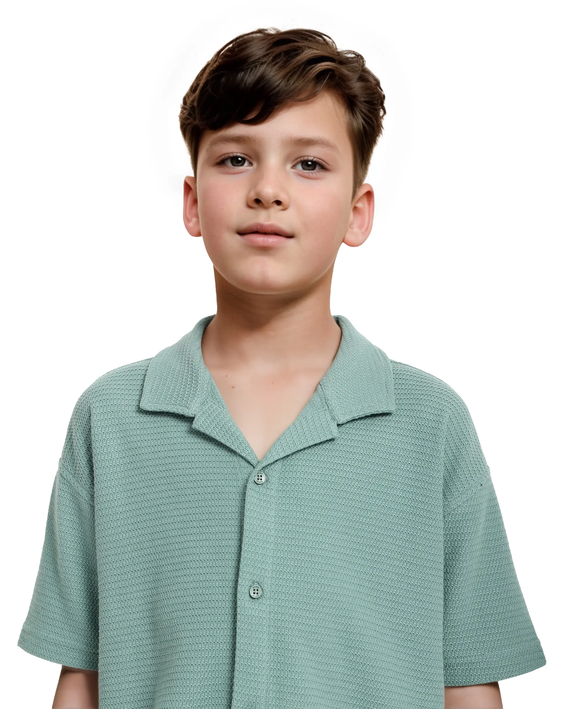 Rare Ones Kids Colen Green Jacquard Half Sleeves Cuban Collar Boxy Fit Shirt - Image 4