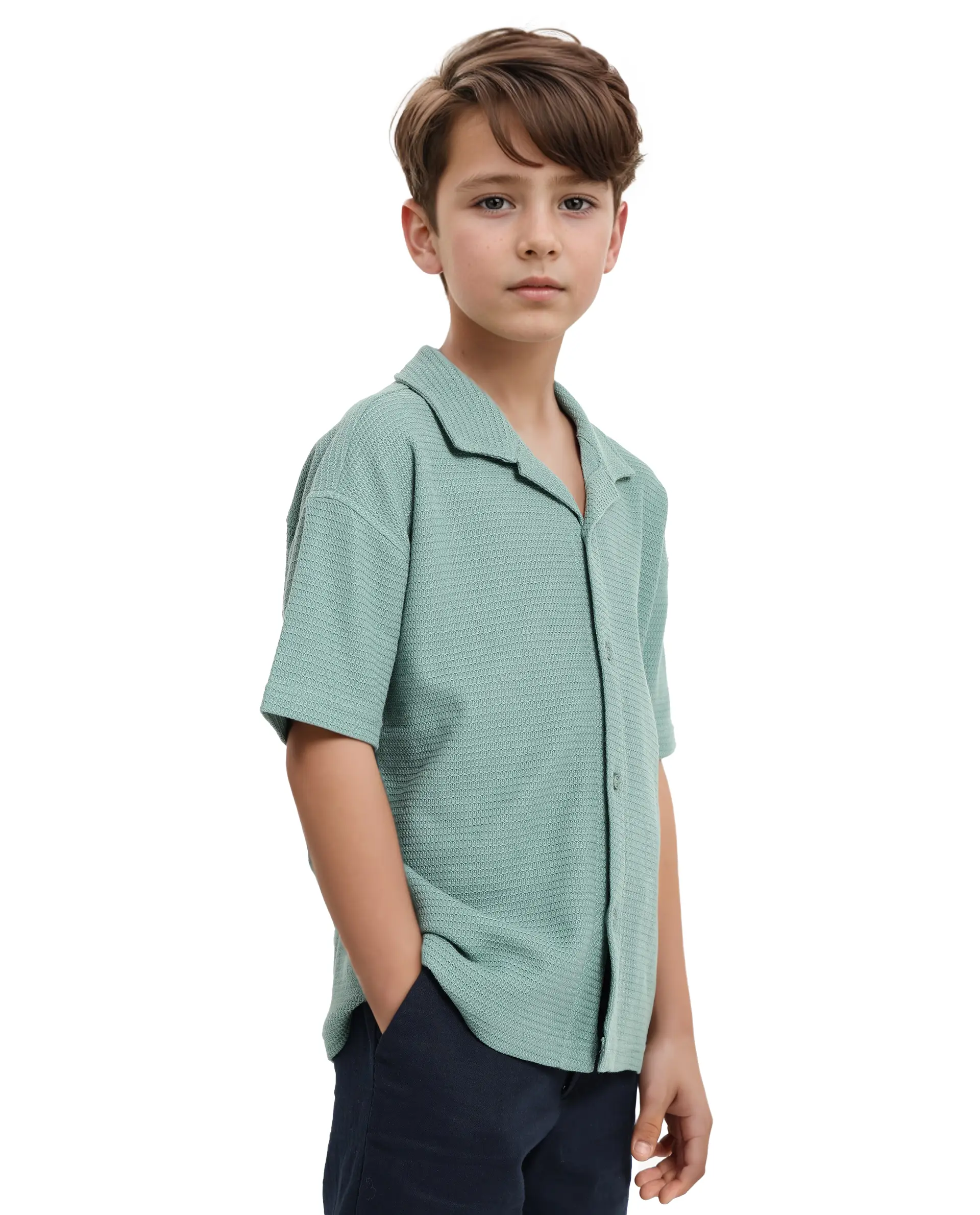Rare Ones Kids Colen Green Jacquard Half Sleeves Cuban Collar Boxy Fit Shirt - Image 5
