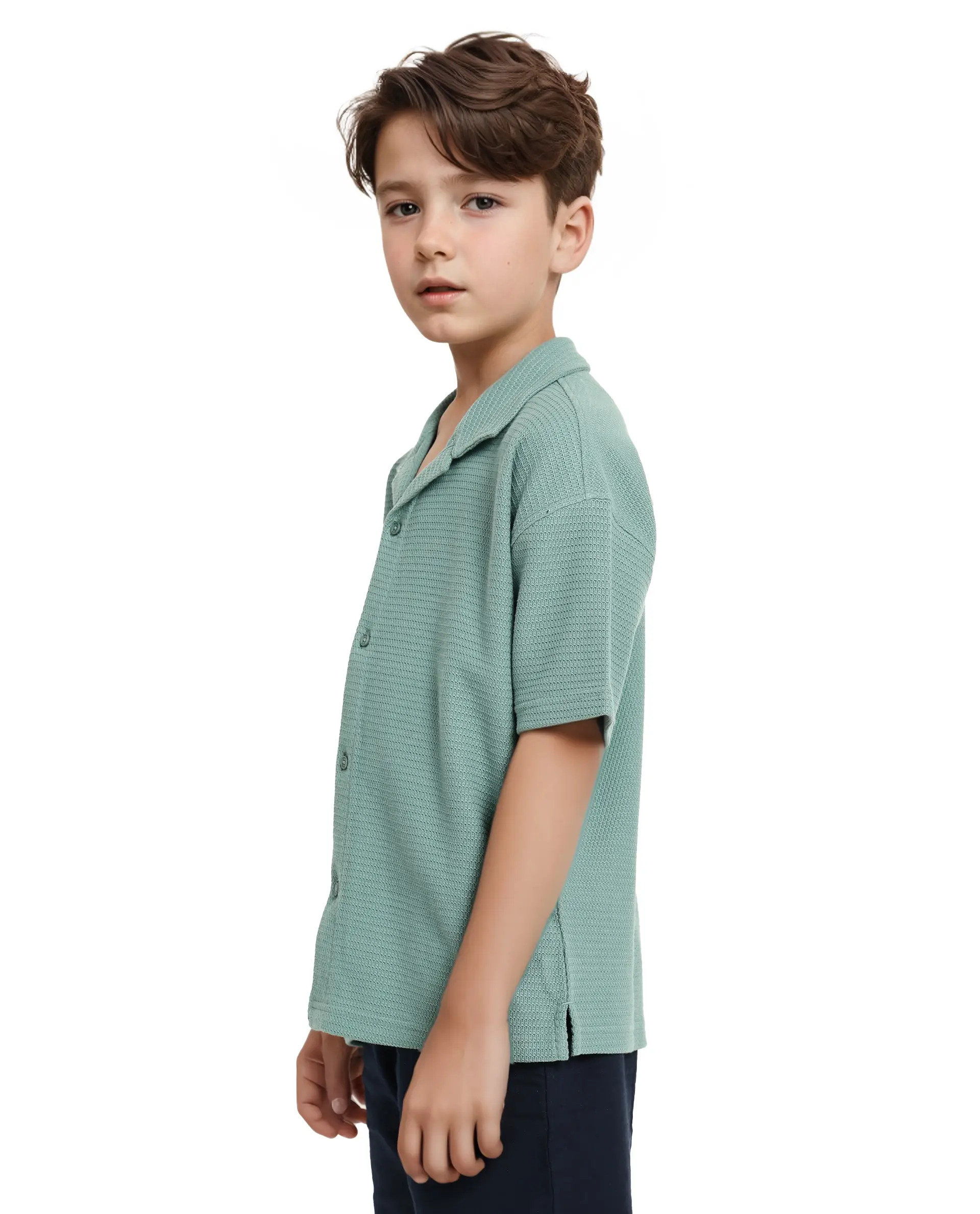 Rare Ones Kids Colen Green Jacquard Half Sleeves Cuban Collar Boxy Fit Shirt - Image 6