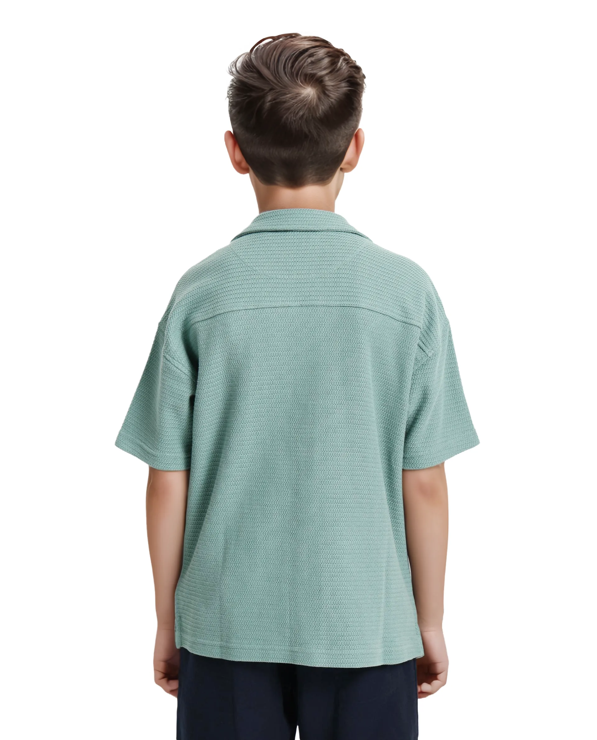 Rare Ones Kids Colen Green Jacquard Half Sleeves Cuban Collar Boxy Fit Shirt - Image 7