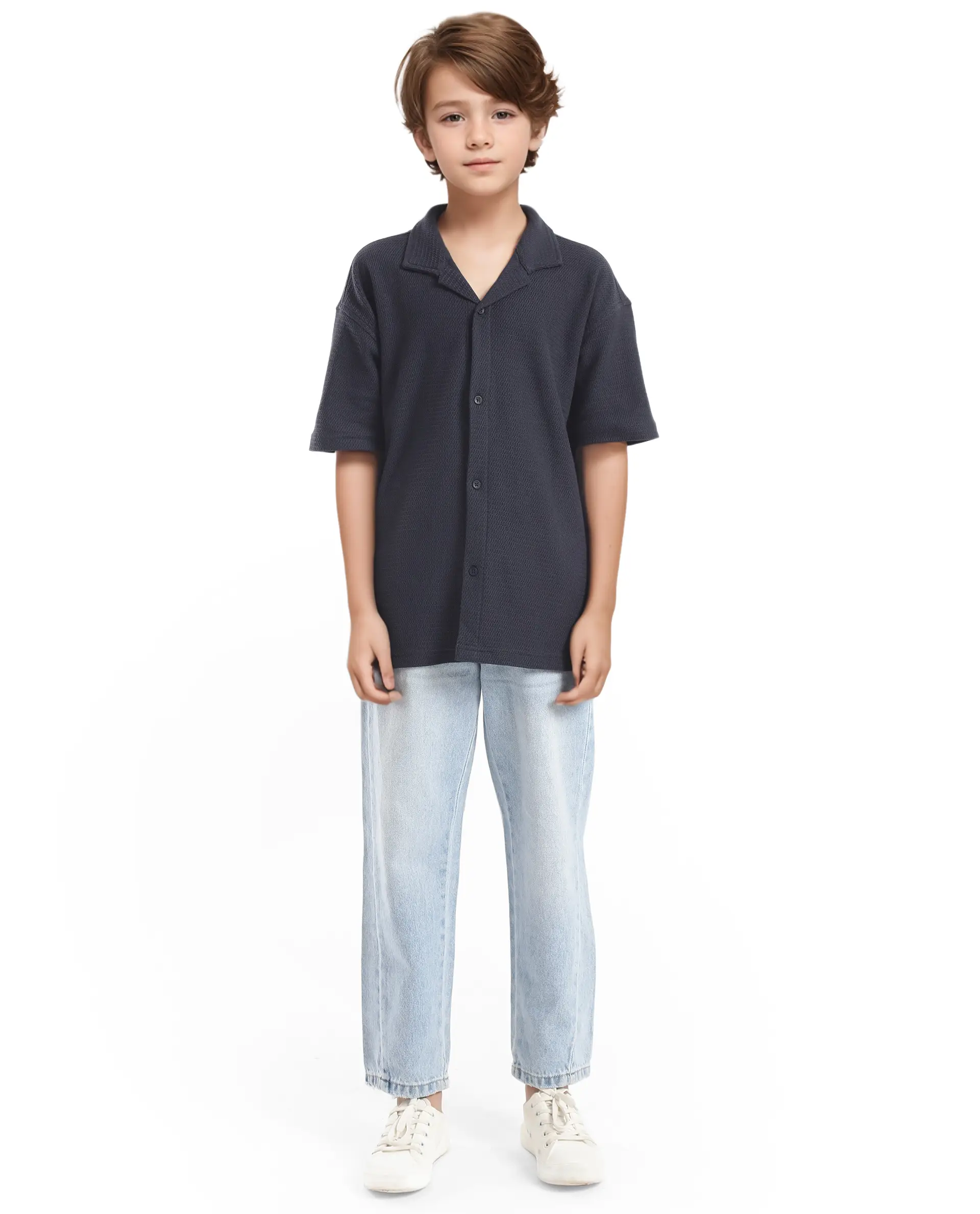 Rare Ones Kids Colen Navy Jacquard Half Sleeves Cuban Collar Boxy Fit Shirt - Image 2