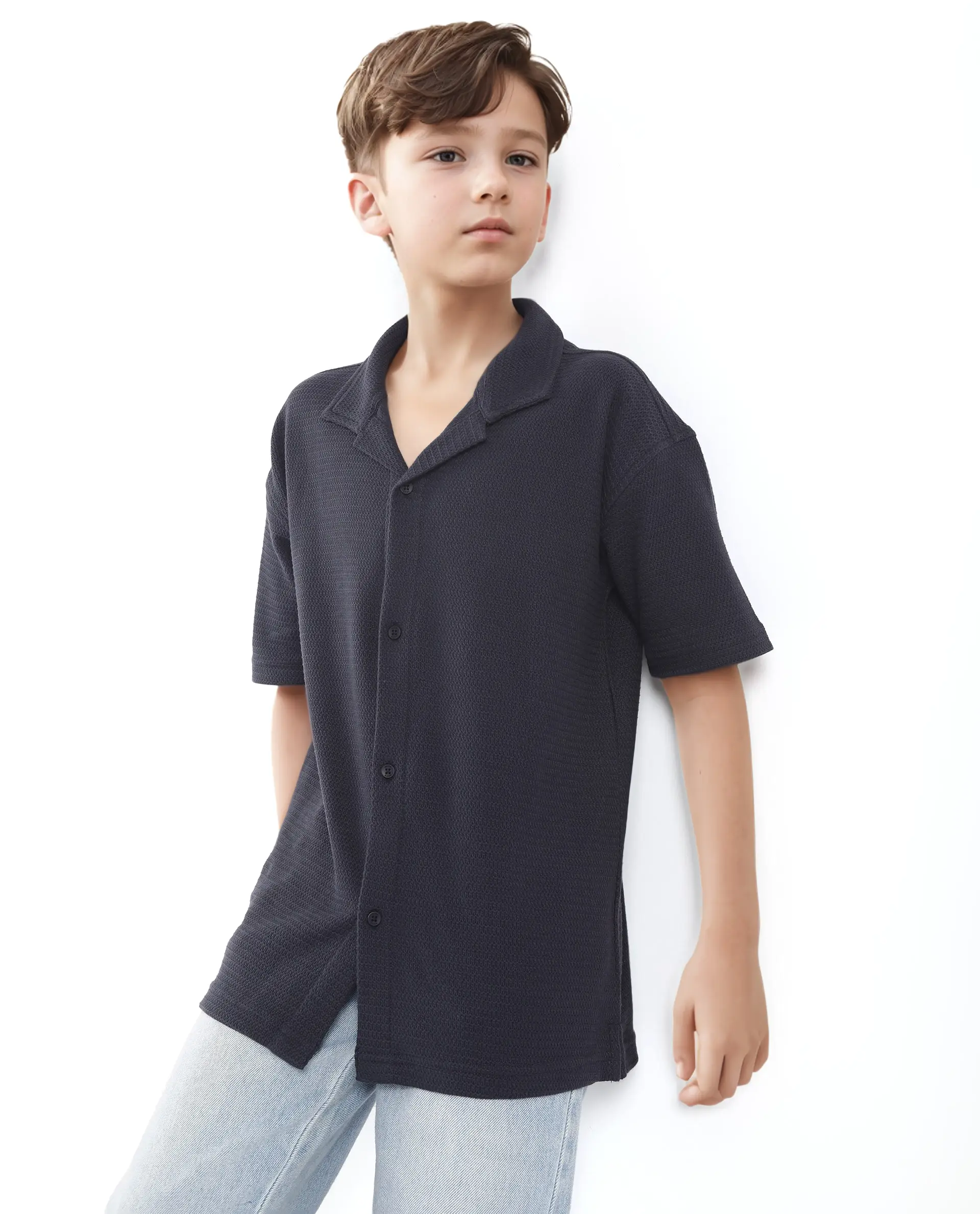 Rare Ones Kids Colen Navy Jacquard Half Sleeves Cuban Collar Boxy Fit Shirt - Image 3