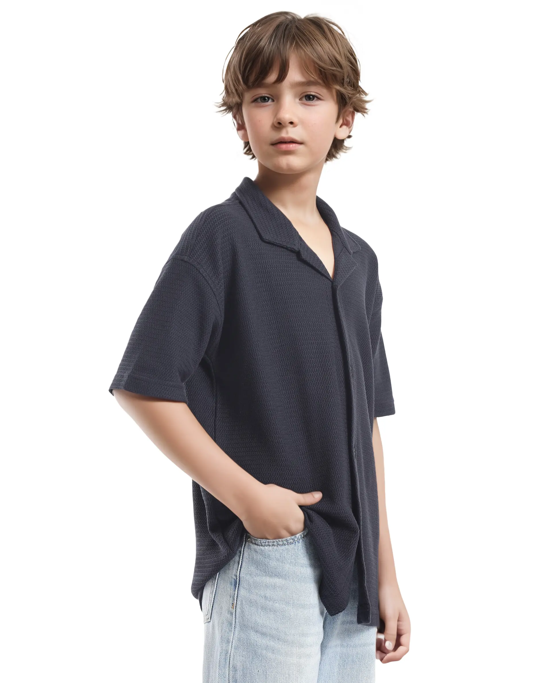 Rare Ones Kids Colen Navy Jacquard Half Sleeves Cuban Collar Boxy Fit Shirt - Image 4