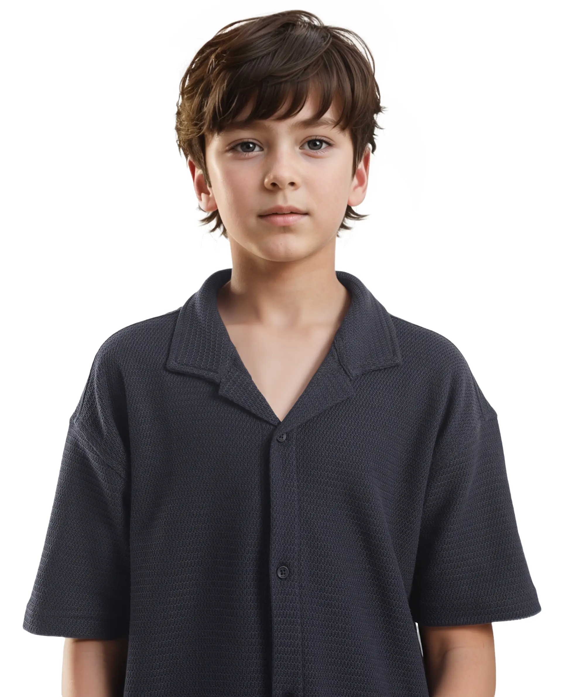 Rare Ones Kids Colen Navy Jacquard Half Sleeves Cuban Collar Boxy Fit Shirt - Image 5