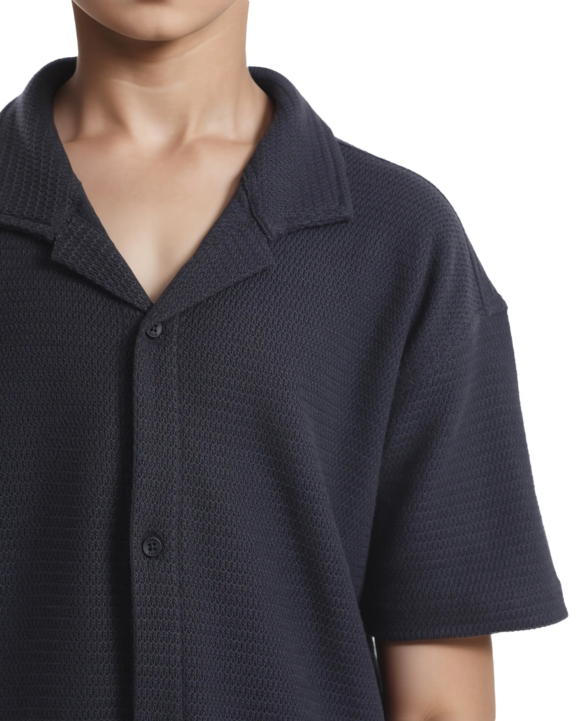 Rare Ones Kids Colen Navy Jacquard Half Sleeves Cuban Collar Boxy Fit Shirt - Image 6
