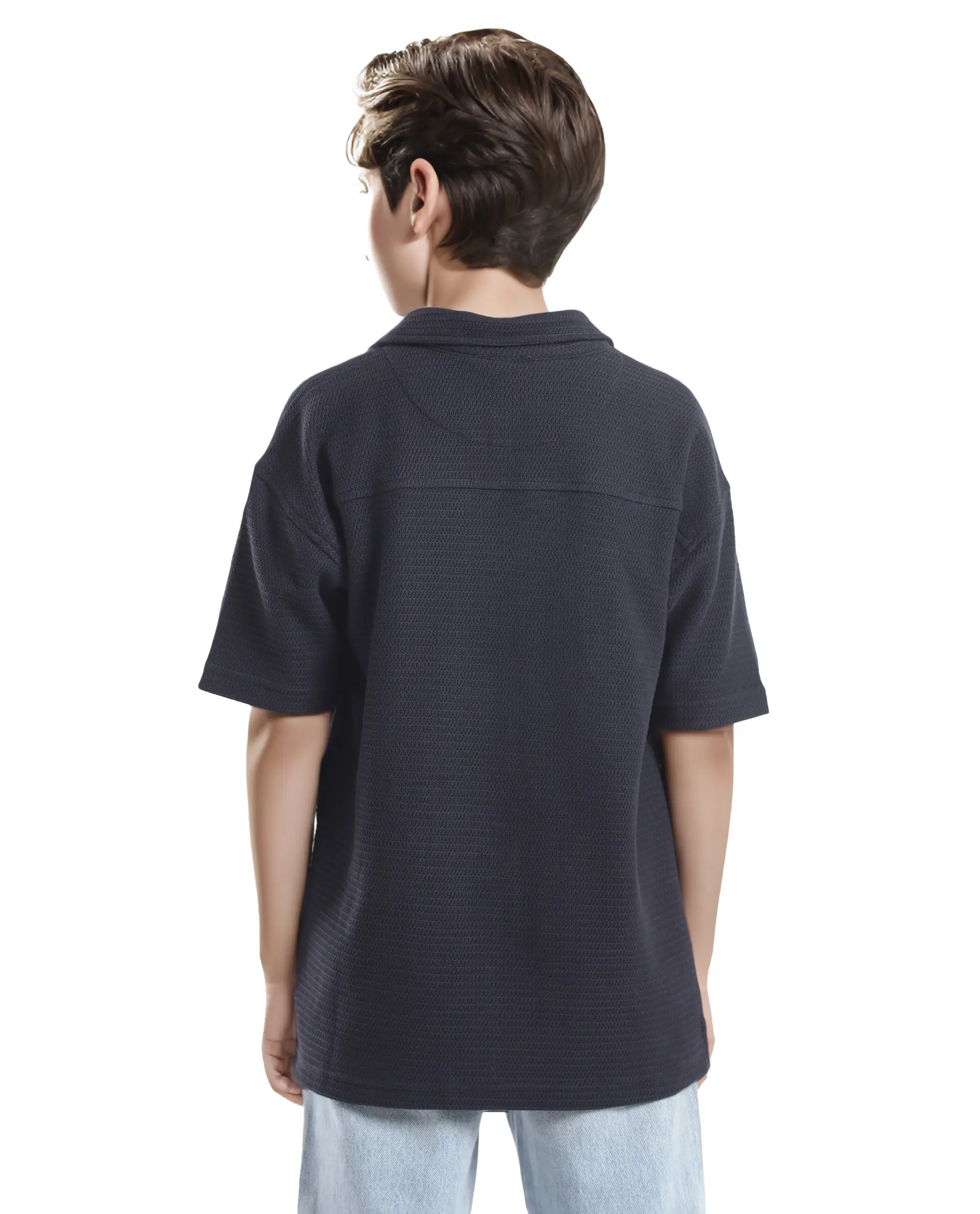 Rare Ones Kids Colen Navy Jacquard Half Sleeves Cuban Collar Boxy Fit Shirt - Image 7