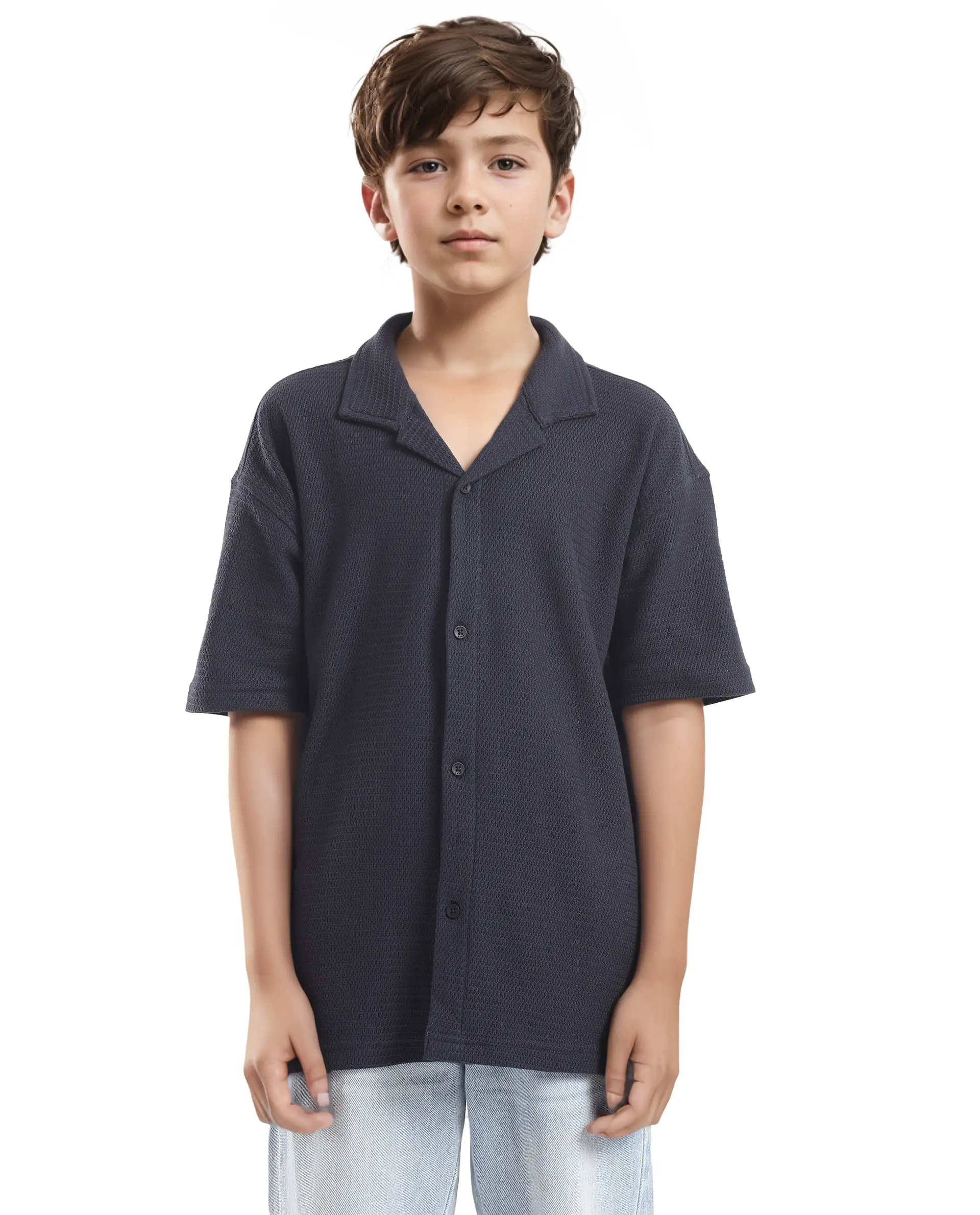 Rare Ones Kids Colen Navy Jacquard Half Sleeves Cuban Collar Boxy Fit Shirt - Image 8