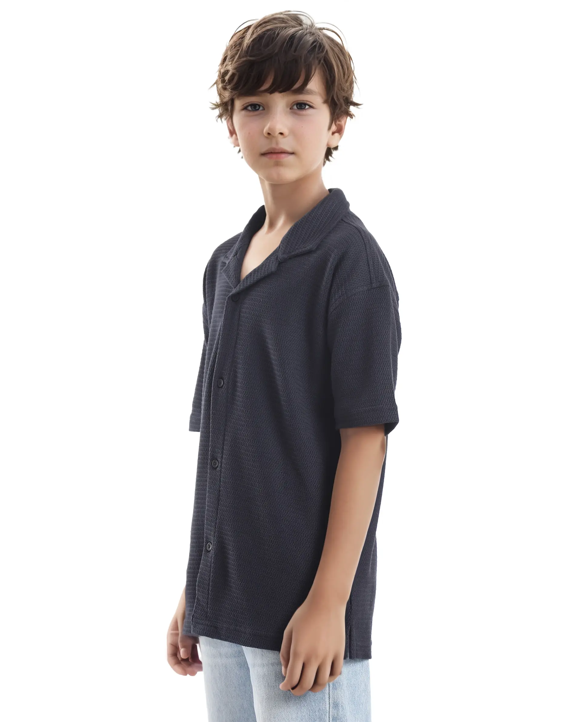 Rare Ones Kids Colen Navy Jacquard Half Sleeves Cuban Collar Boxy Fit Shirt - Image 9