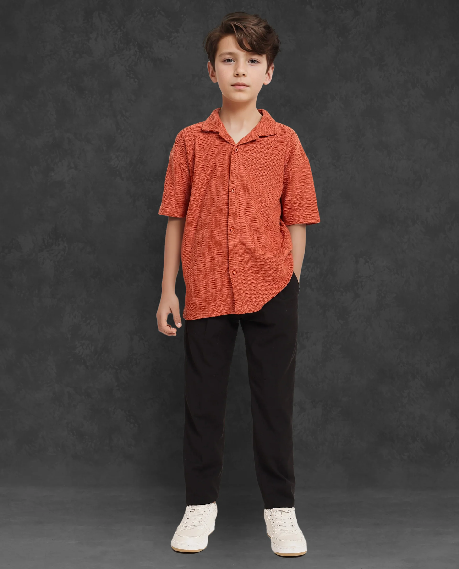 Rare Ones Kids Colen Rust Jacquard Half Sleeves Cuban Collar Boxy Fit Shirt - Image 3