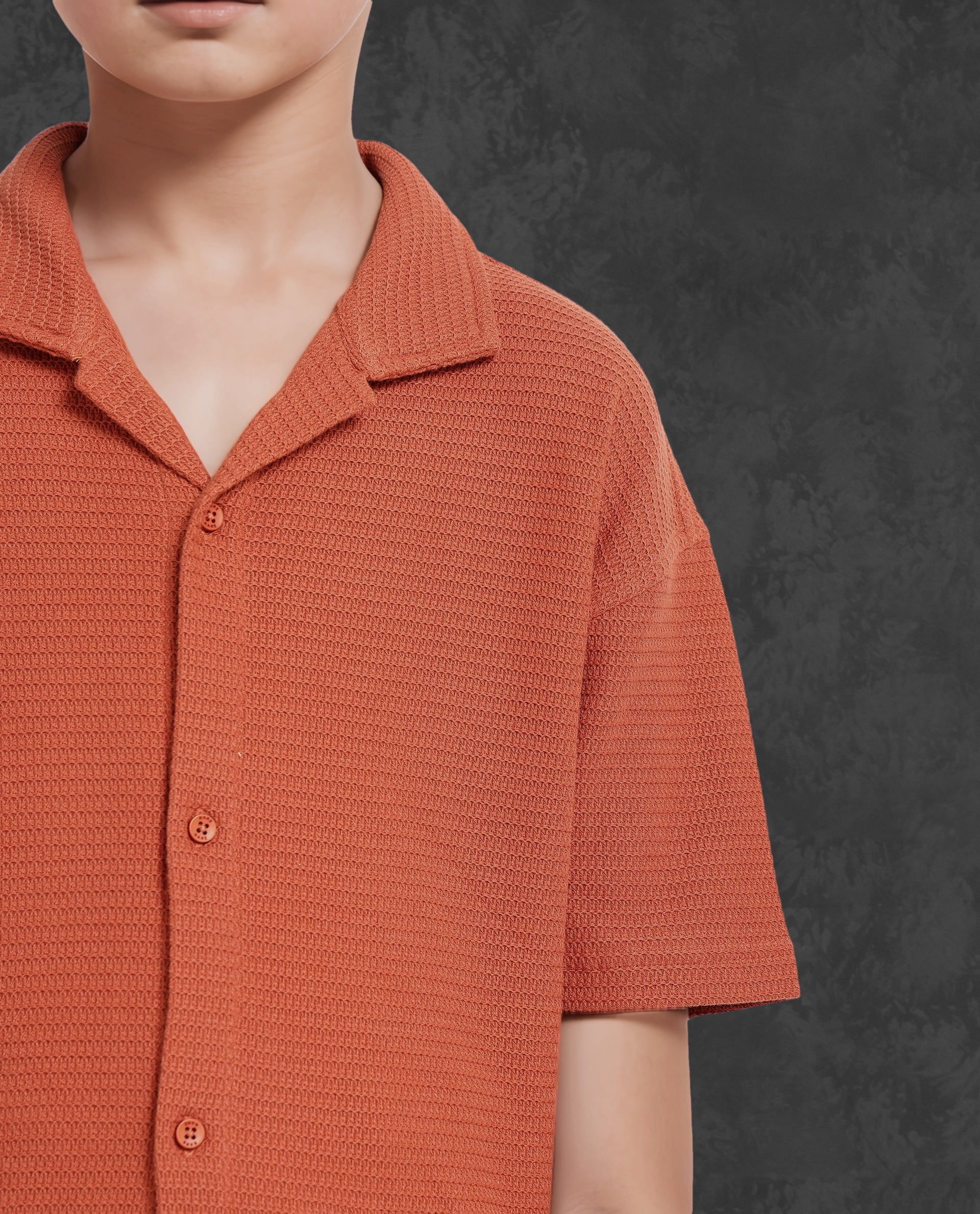 Rare Ones Kids Colen Rust Jacquard Half Sleeves Cuban Collar Boxy Fit Shirt - Image 4