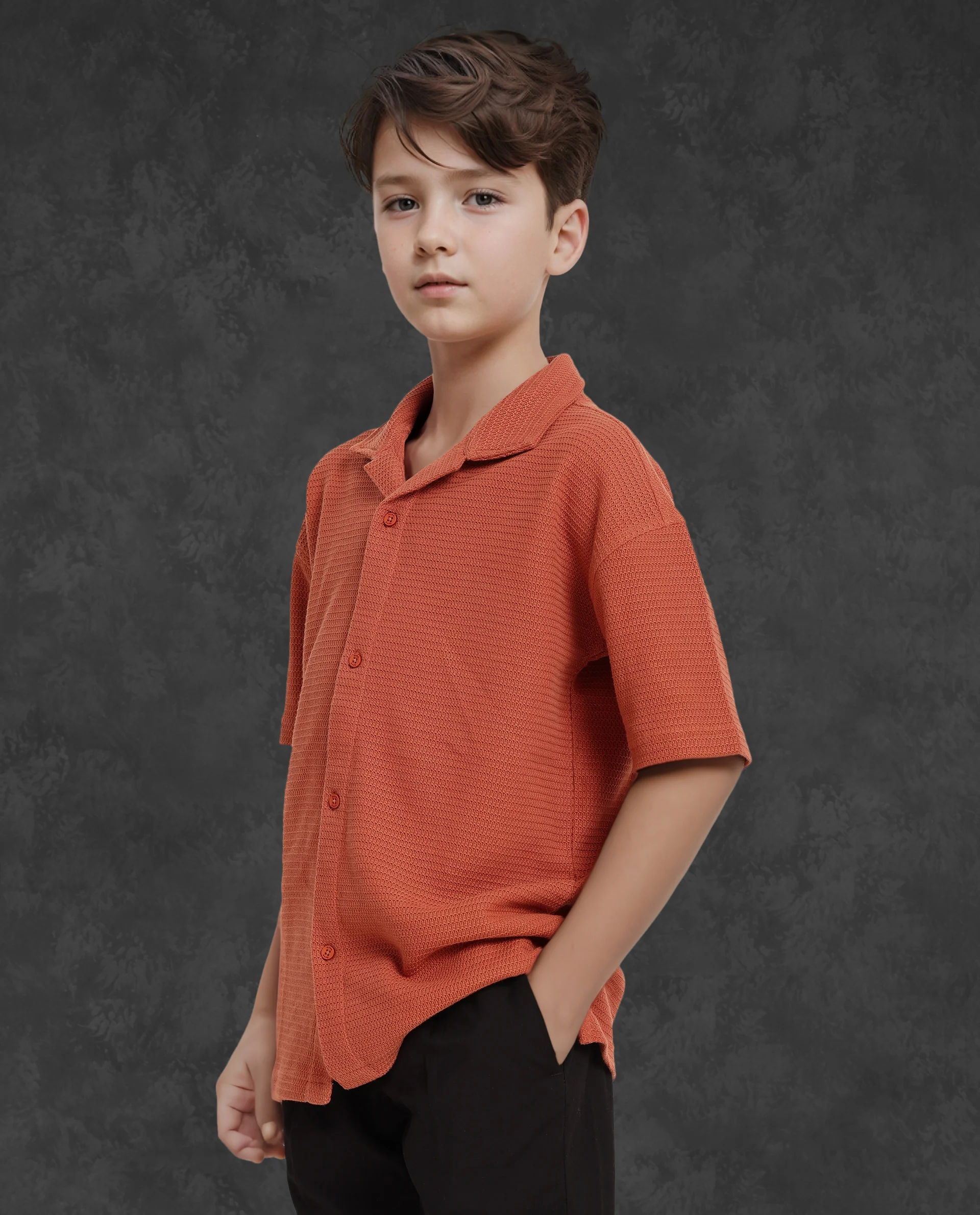 Rare Ones Kids Colen Rust Jacquard Half Sleeves Cuban Collar Boxy Fit Shirt - Image 6
