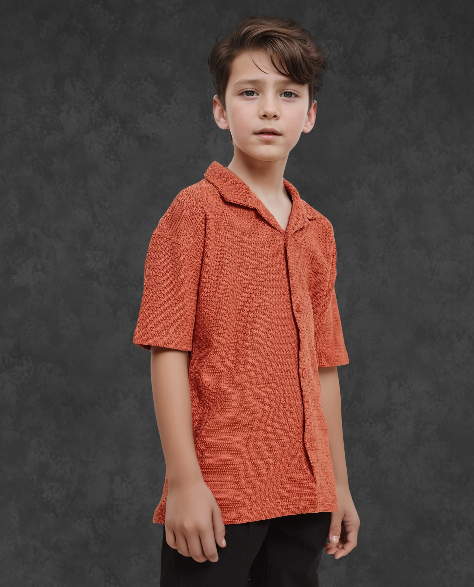 Rare Ones Kids Colen Rust Jacquard Half Sleeves Cuban Collar Boxy Fit Shirt - Image 7