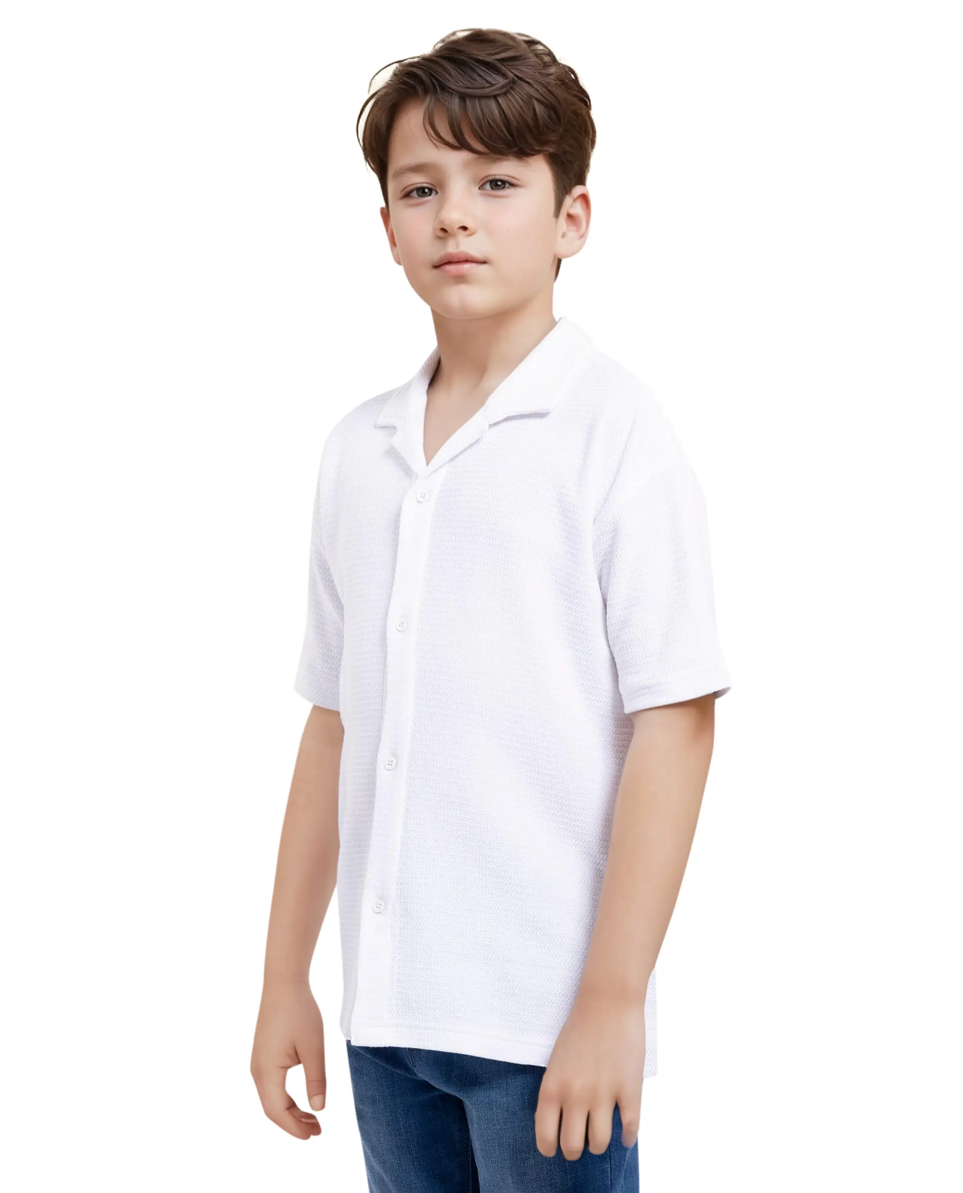 Rare Ones Kids Colen White Jacquard Half Sleeves Cuban Collar Boxy Fit Shirt - Image 5