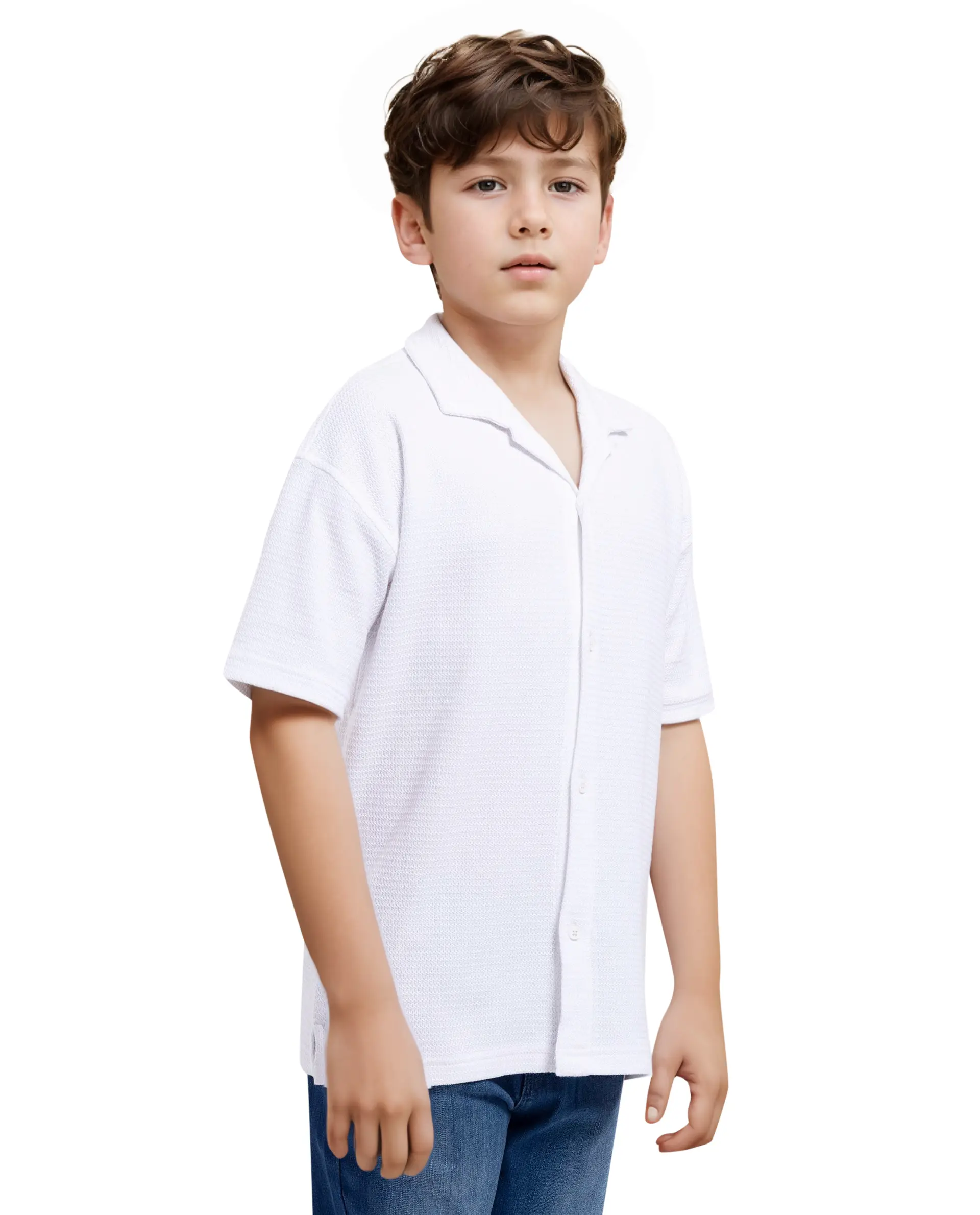 Rare Ones Kids Colen White Jacquard Half Sleeves Cuban Collar Boxy Fit Shirt - Image 6