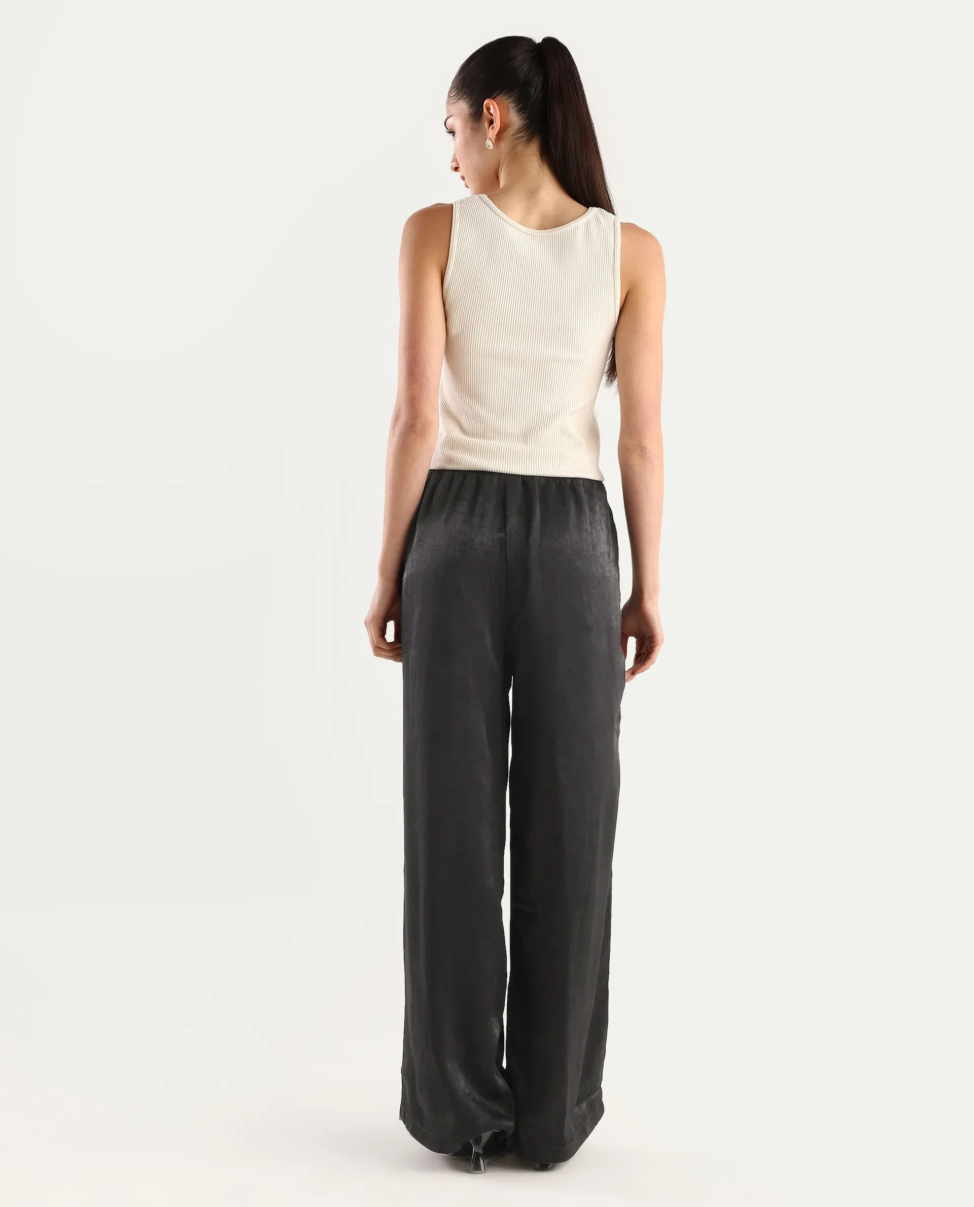 Rareism Women's Colet Black Polyester Plain Ankle Length Wide Trouser - Image 7