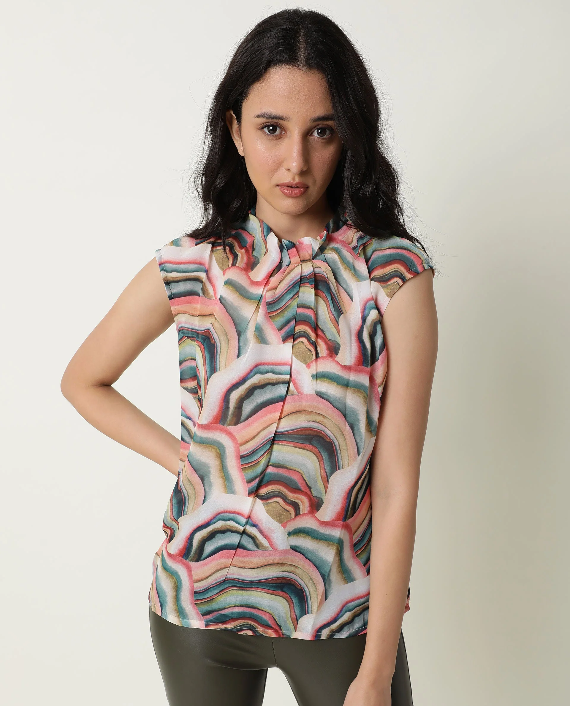 Rareism Women's Colette Multi Polyester High Neck Abstract Print Extended Sleeves Regular Fit Top