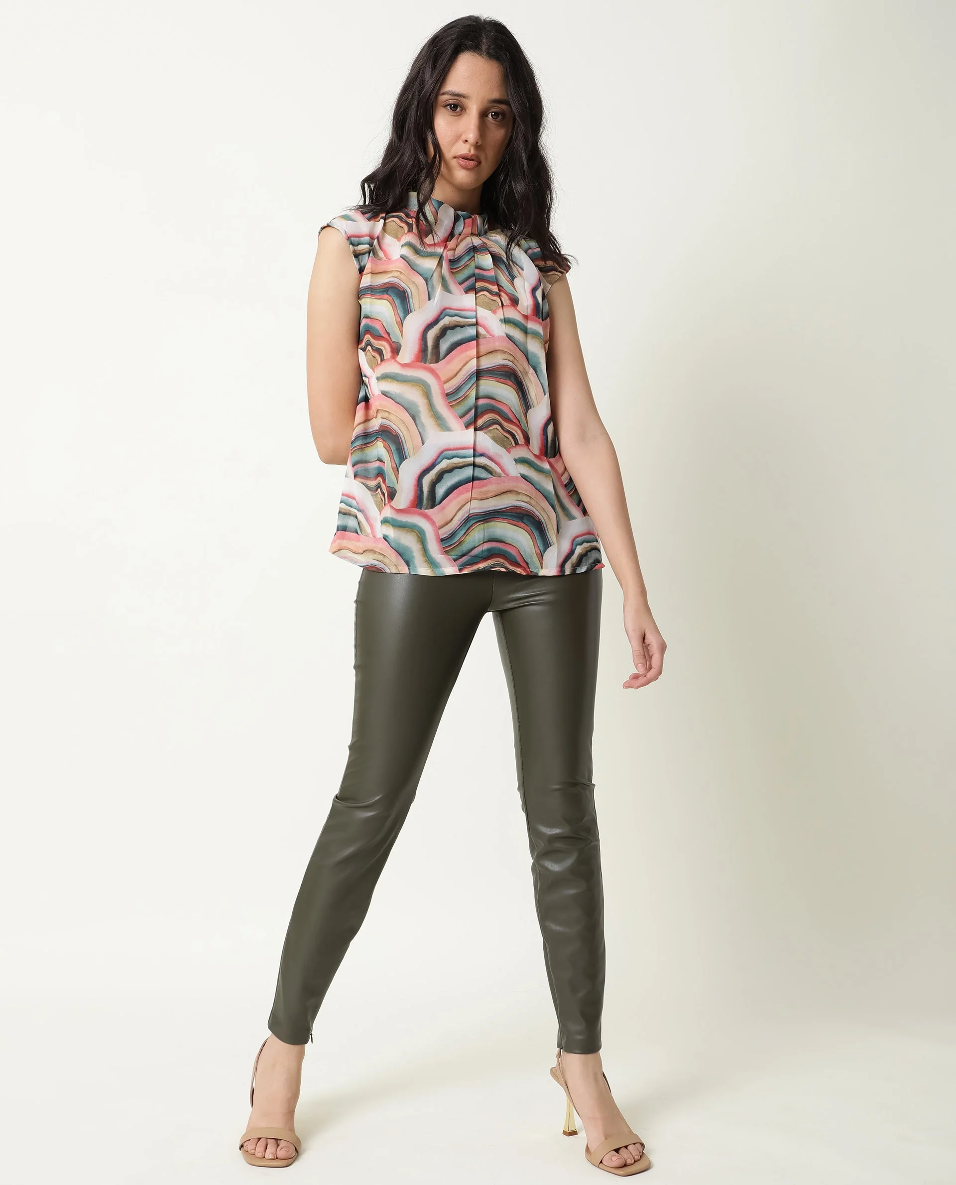 Rareism Women's Colette Multi Polyester High Neck Abstract Print Extended Sleeves Regular Fit Top - Image 2