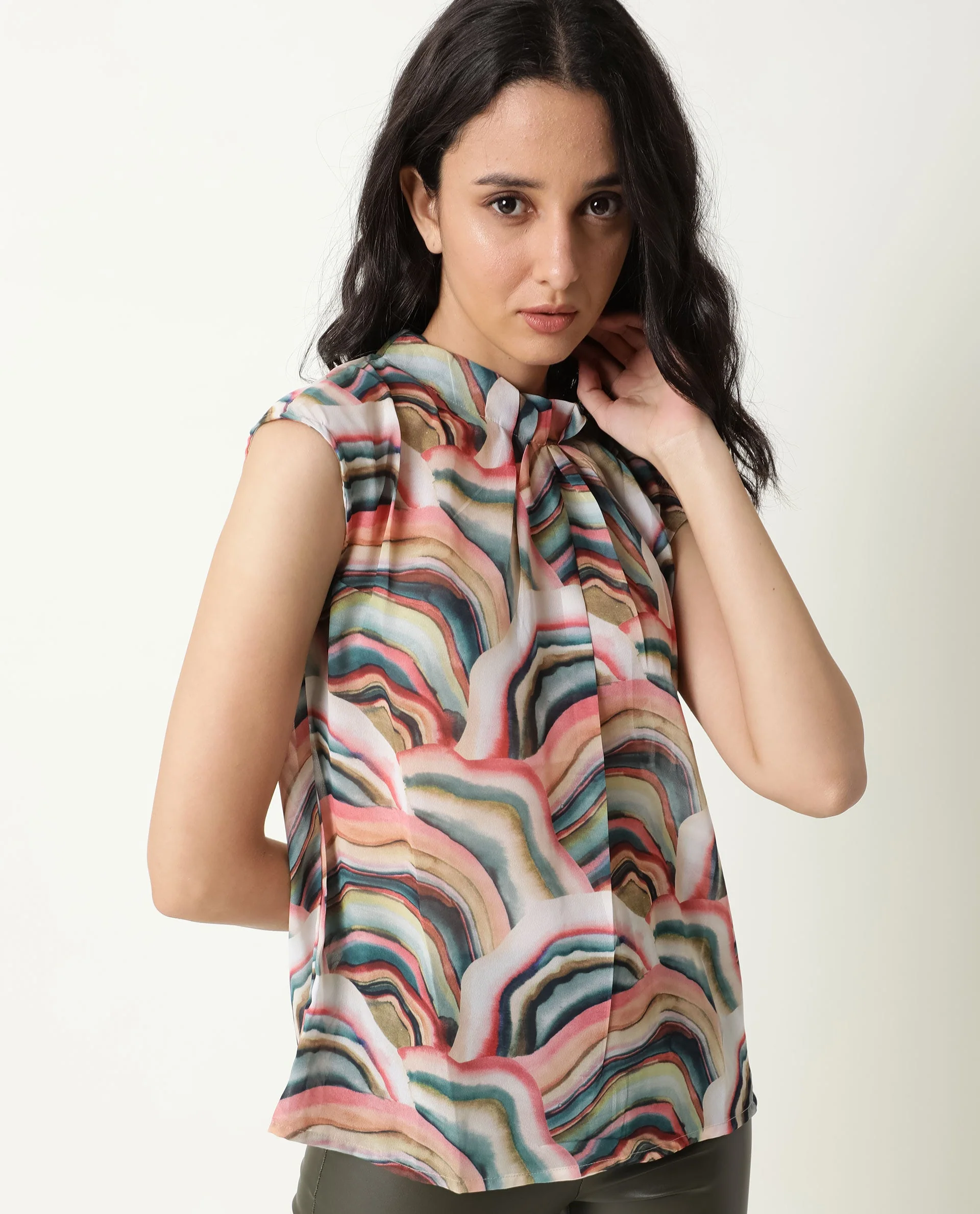 Rareism Women's Colette Multi Polyester High Neck Abstract Print Extended Sleeves Regular Fit Top - Image 4