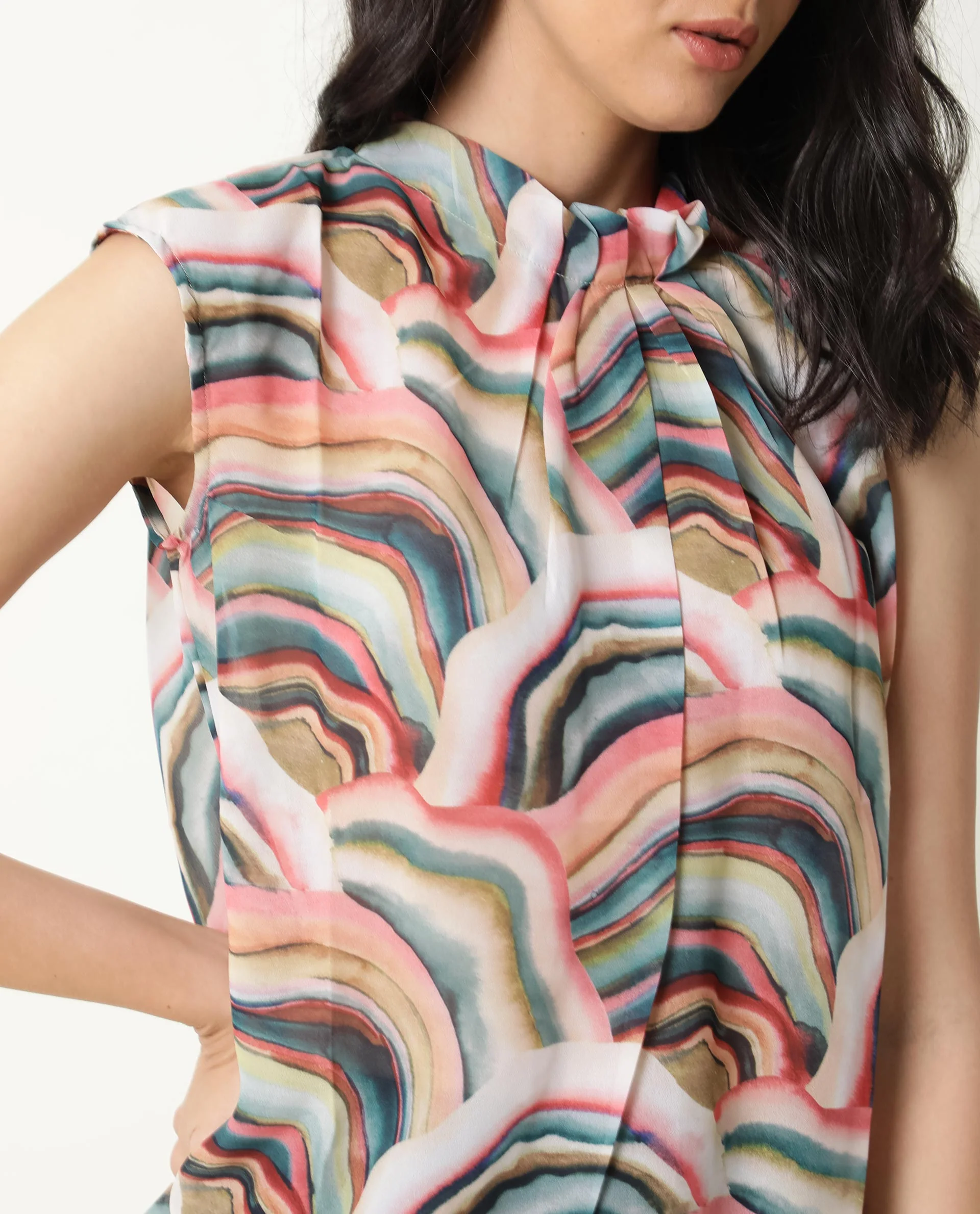 Rareism Women's Colette Multi Polyester High Neck Abstract Print Extended Sleeves Regular Fit Top - Image 5