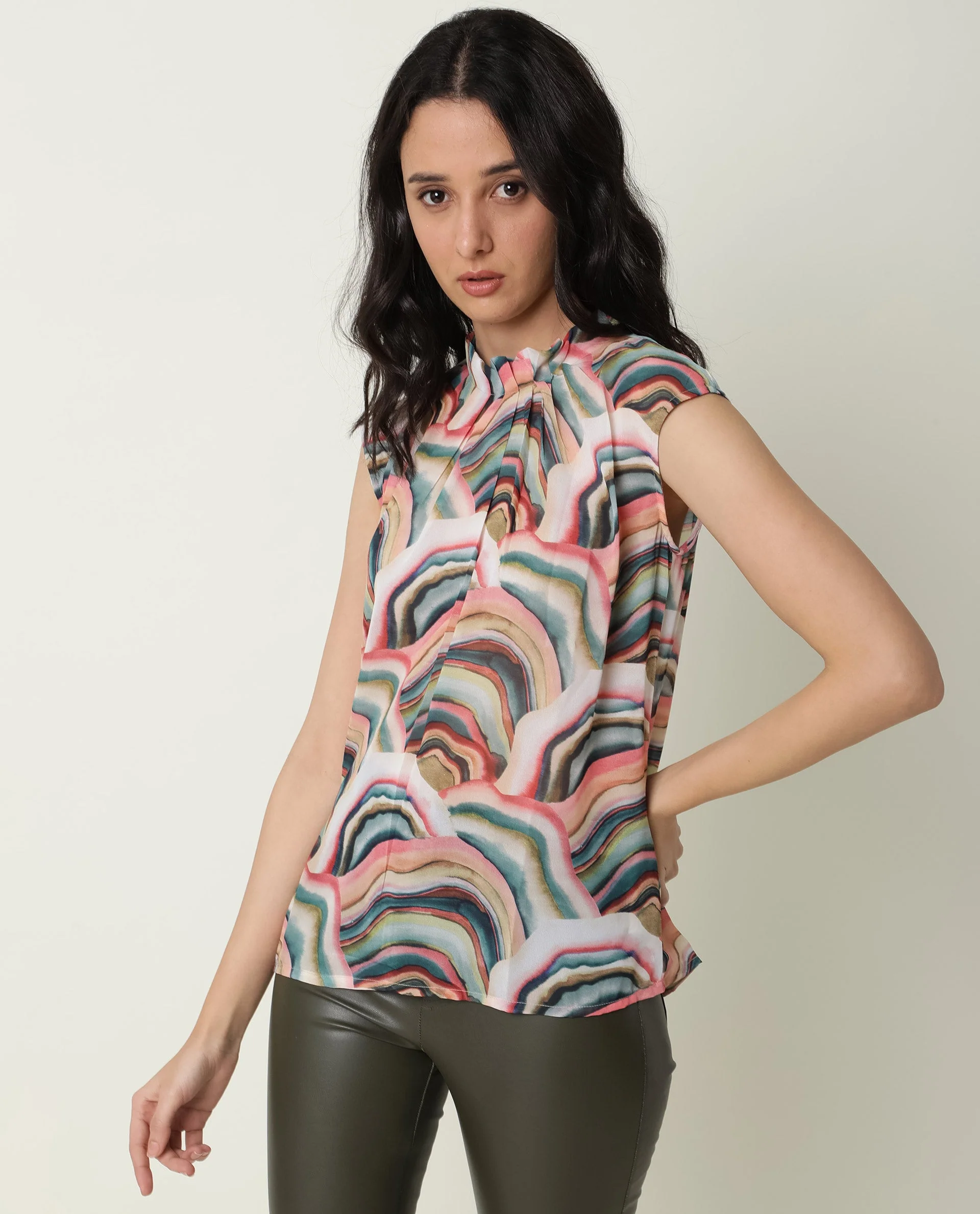 Rareism Women's Colette Multi Polyester High Neck Abstract Print Extended Sleeves Regular Fit Top - Image 6