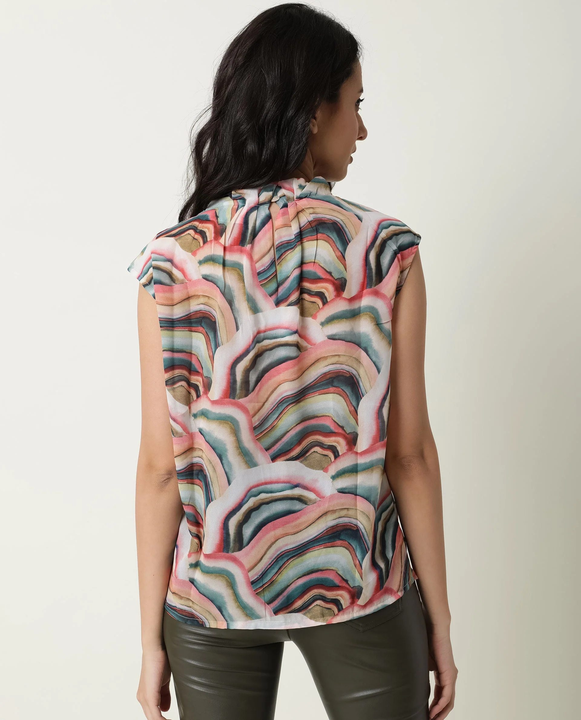 Rareism Women's Colette Multi Polyester High Neck Abstract Print Extended Sleeves Regular Fit Top - Image 7
