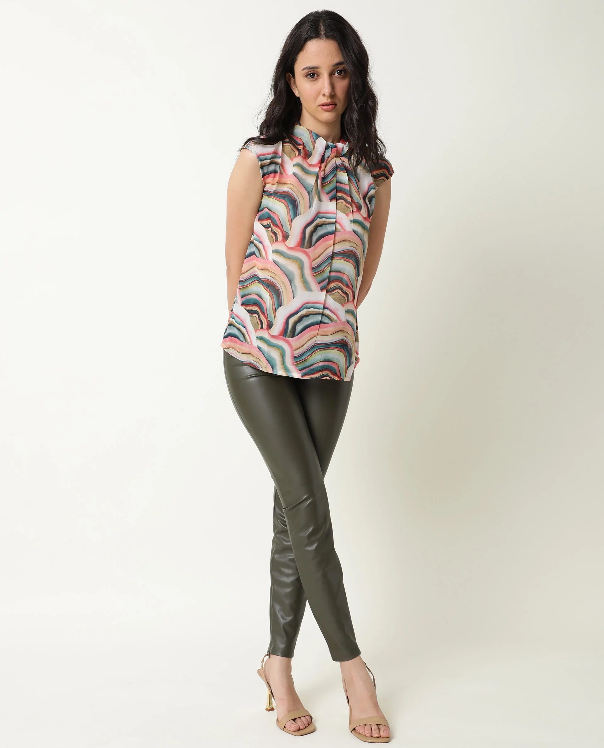 Rareism Women's Colette Multi Polyester High Neck Abstract Print Extended Sleeves Regular Fit Top - Image 9
