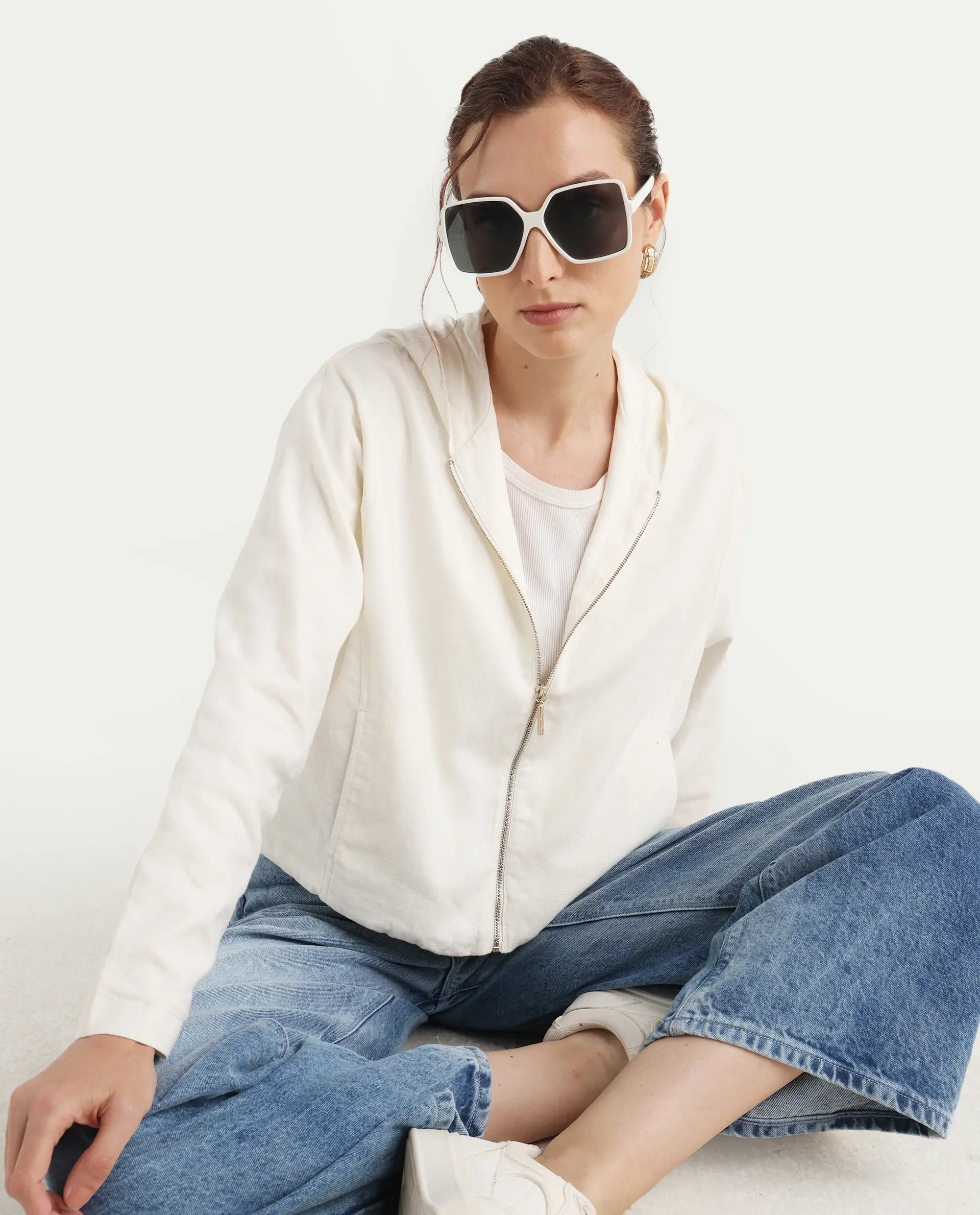 Rareism Women's Colin-T Off White Linen Blend Hooded Regular Fit Jacket