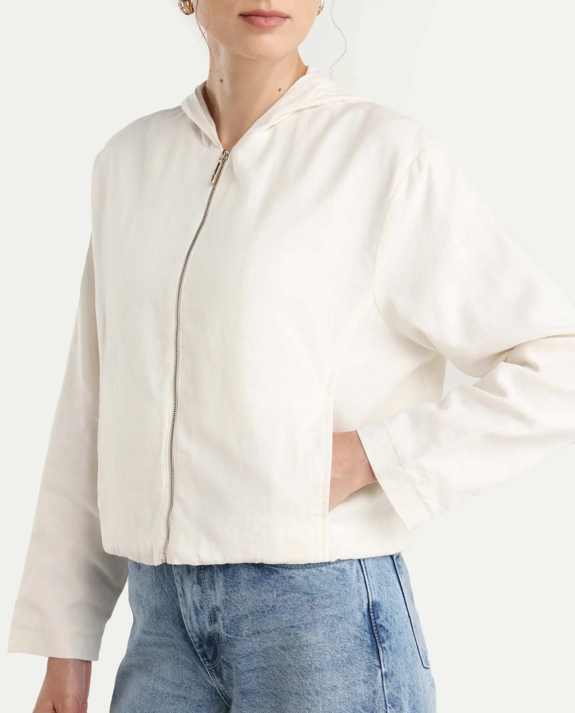 Rareism Women's Colin-T Off White Linen Blend Hooded Regular Fit Jacket - Image 5
