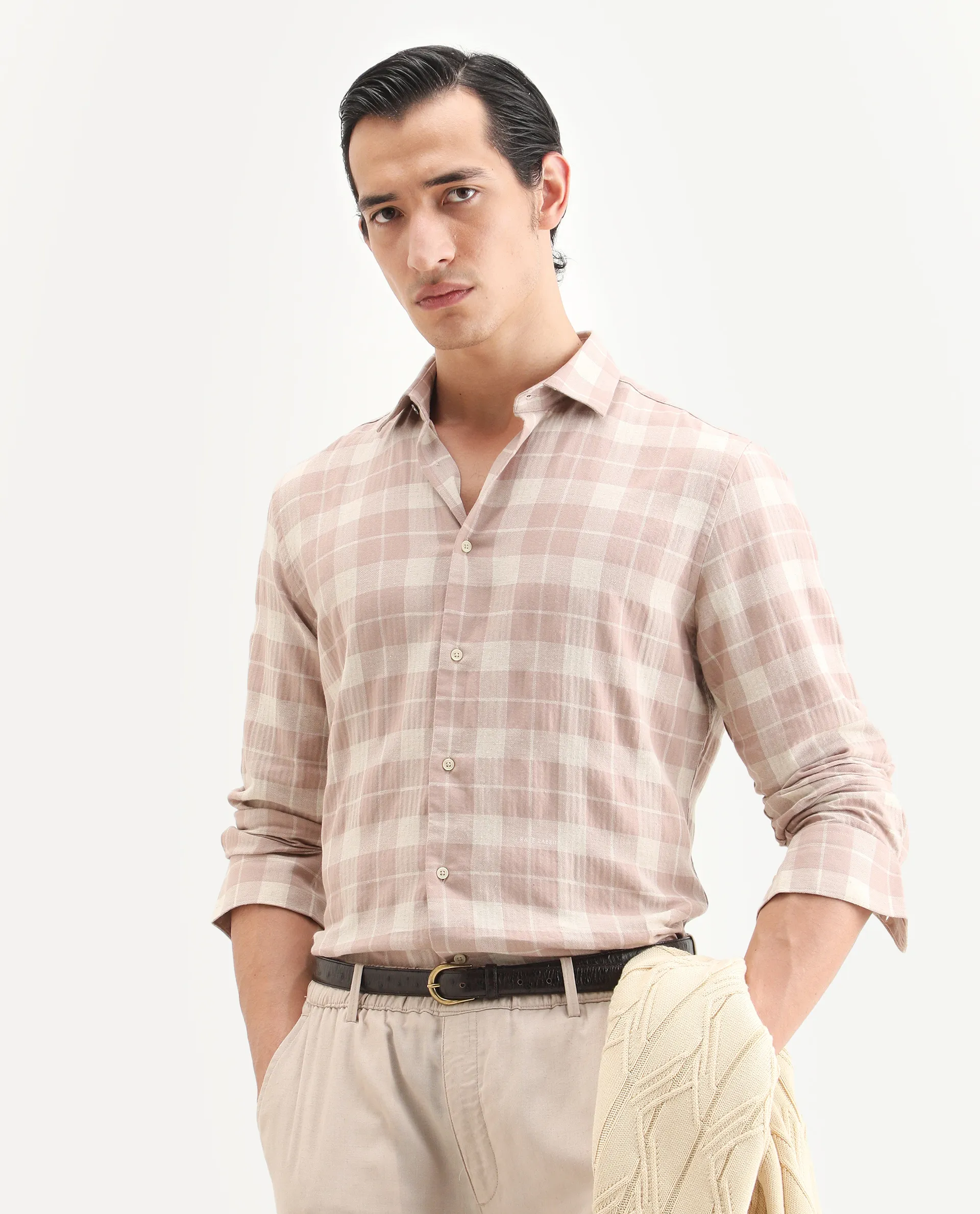 Rare Rabbit Men's Colint Dusky Pink Linen Blend Fabric Full Sleeve Spread Collar Regular Fit Checked Shirt