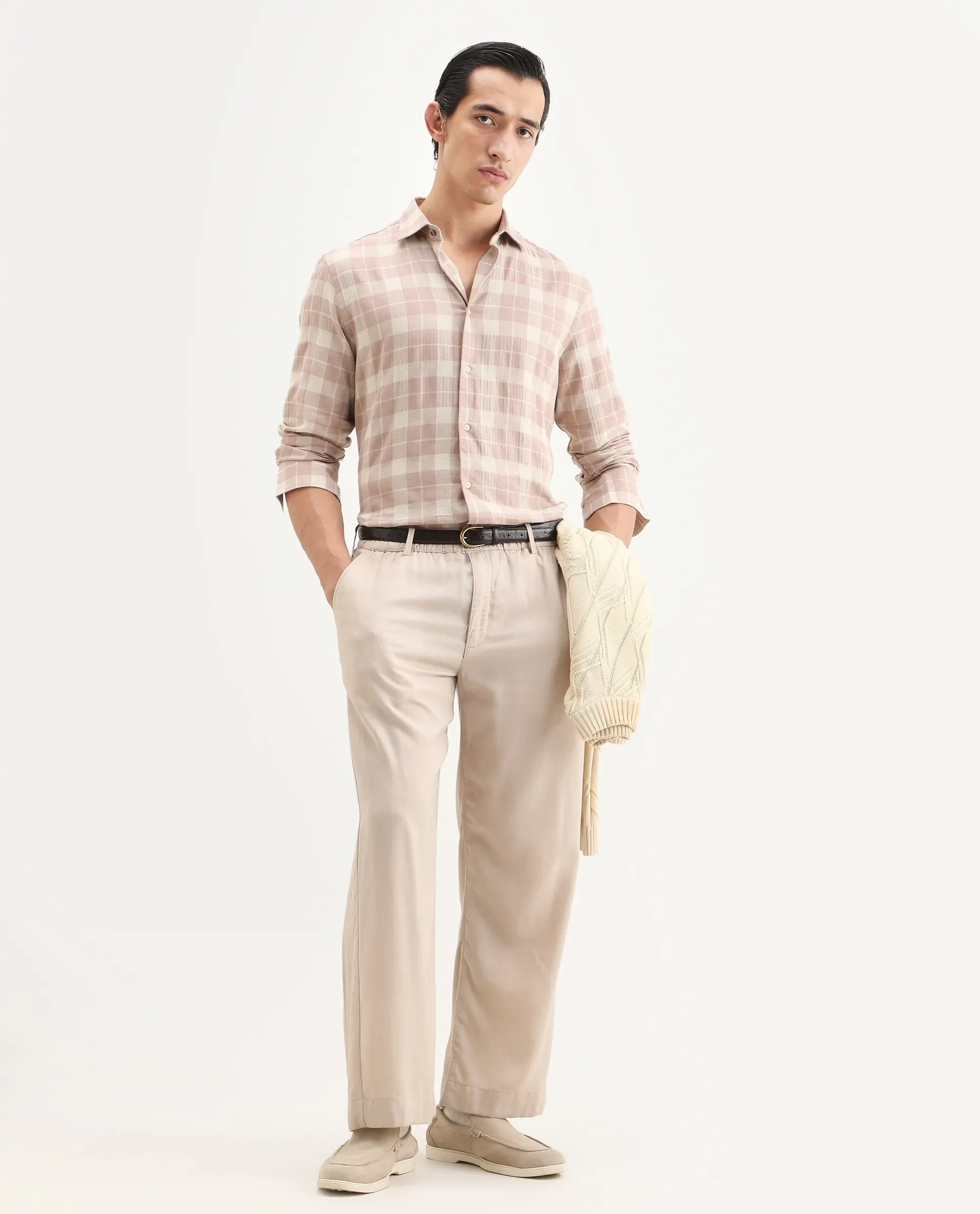 Rare Rabbit Men's Colint Dusky Pink Linen Blend Fabric Full Sleeve Spread Collar Regular Fit Checked Shirt - Image 2