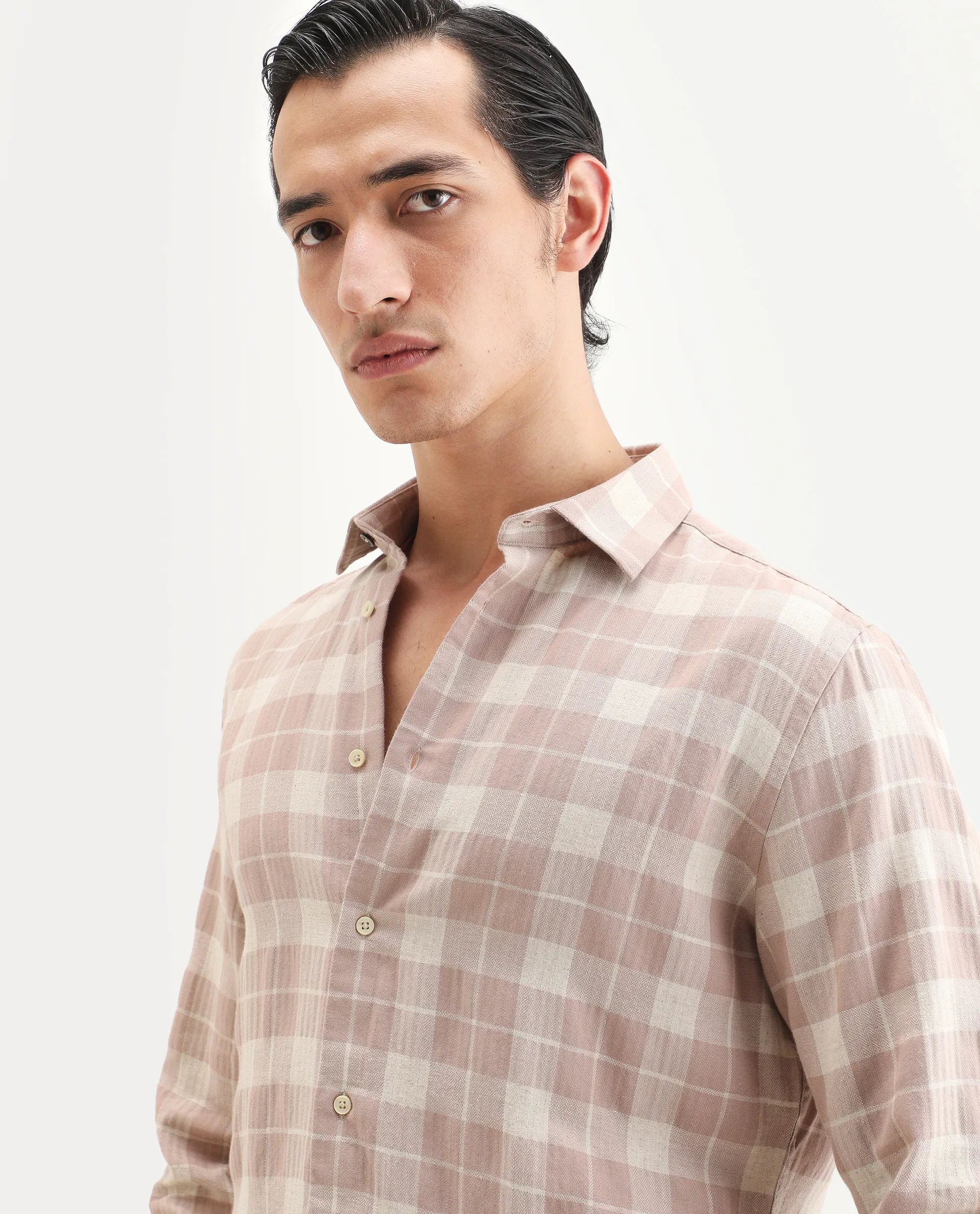 Rare Rabbit Men's Colint Dusky Pink Linen Blend Fabric Full Sleeve Spread Collar Regular Fit Checked Shirt - Image 3