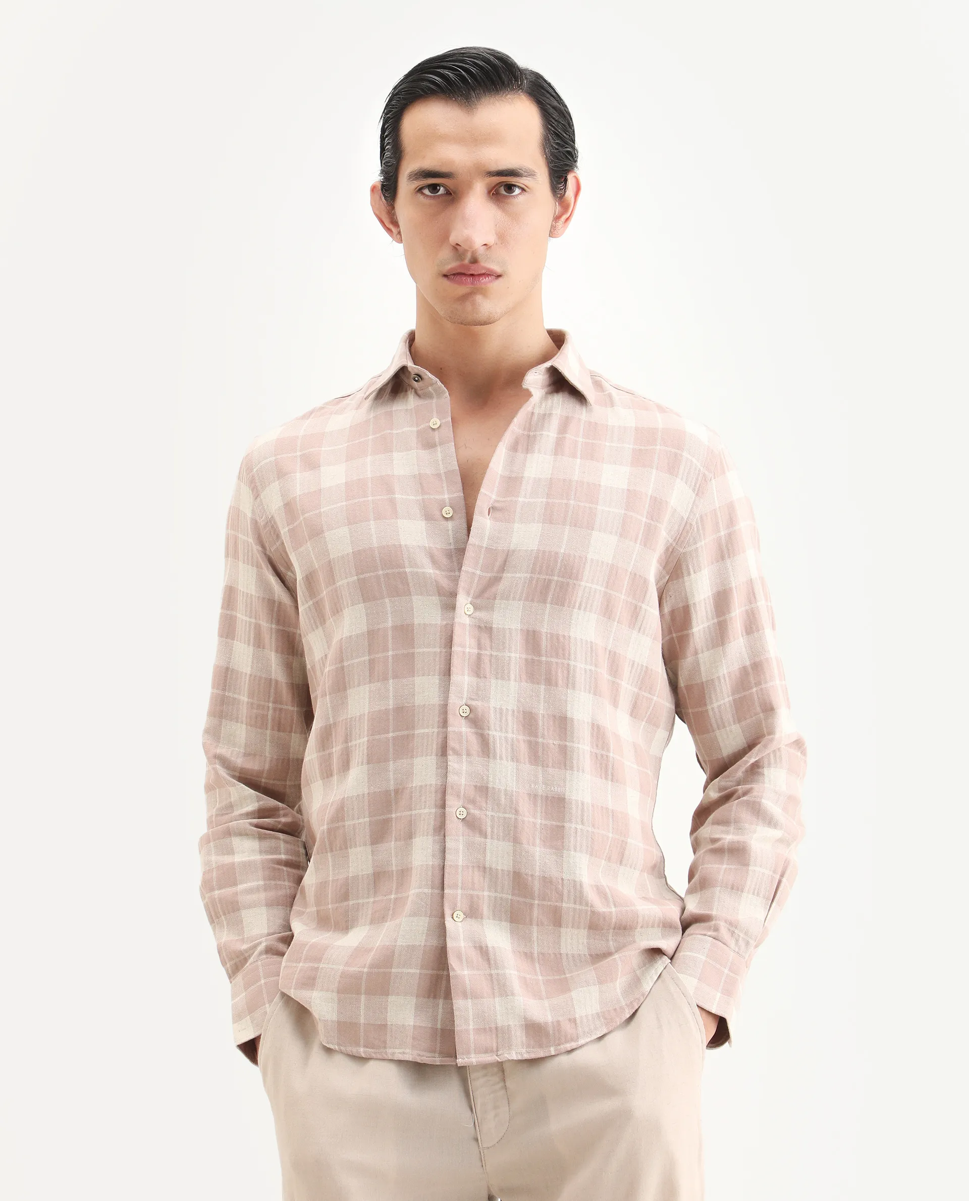 Rare Rabbit Men's Colint Dusky Pink Linen Blend Fabric Full Sleeve Spread Collar Regular Fit Checked Shirt - Image 4