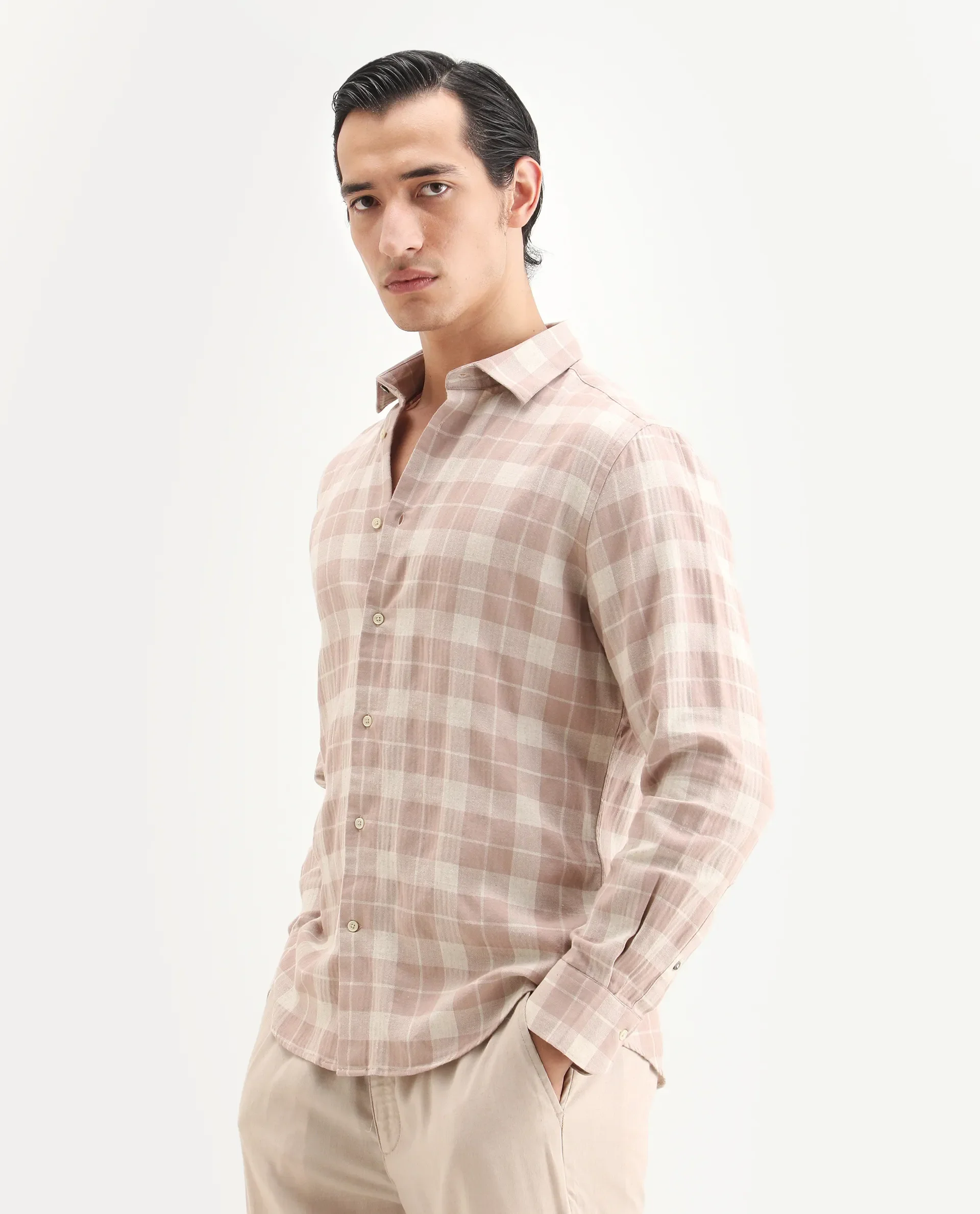 Rare Rabbit Men's Colint Dusky Pink Linen Blend Fabric Full Sleeve Spread Collar Regular Fit Checked Shirt - Image 5